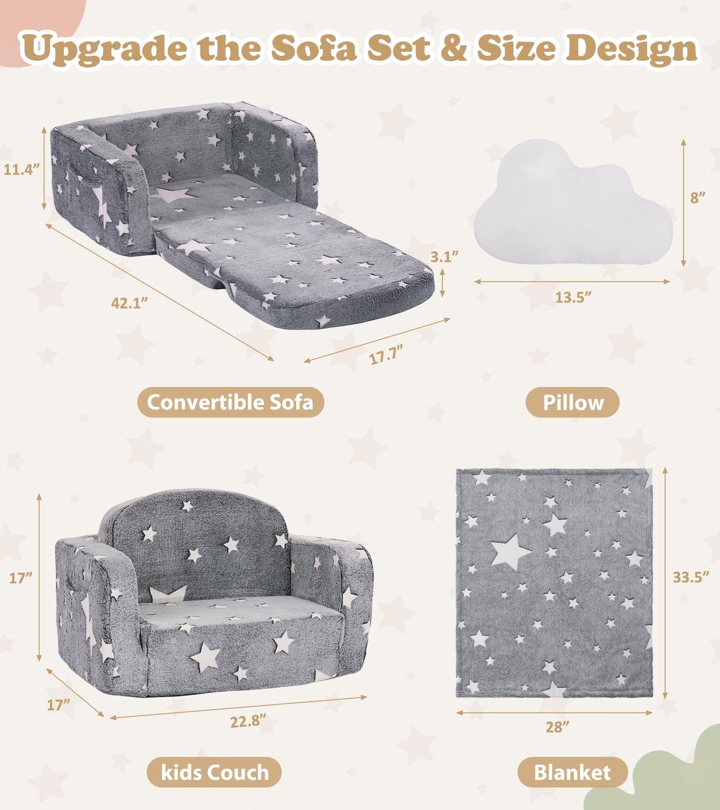 Kids Couch, 2-in-1 Soft Toddler Couch Fold Out with with Blanket and Cloud Pi...