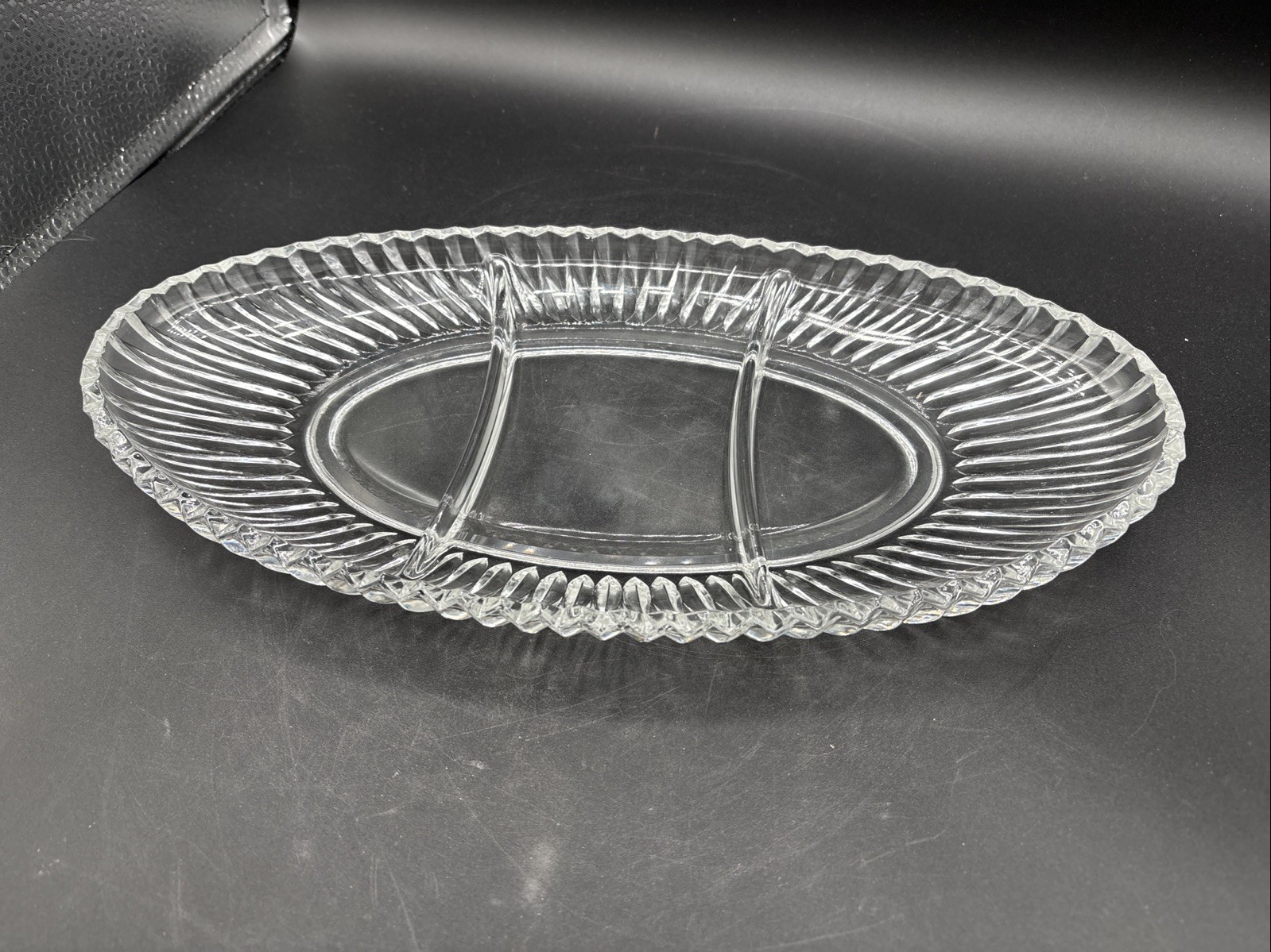 Vintage 3 Compartment Relish Dish Clear Ribbed Glass