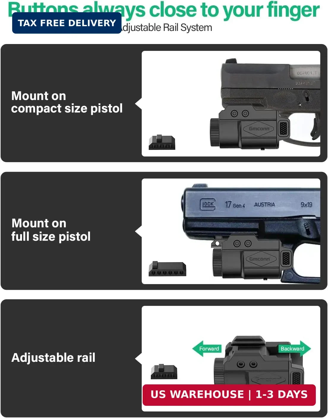 700 Lumen Pistol Light, Compact Adjustable Rail Mounted Flashlight Mini W