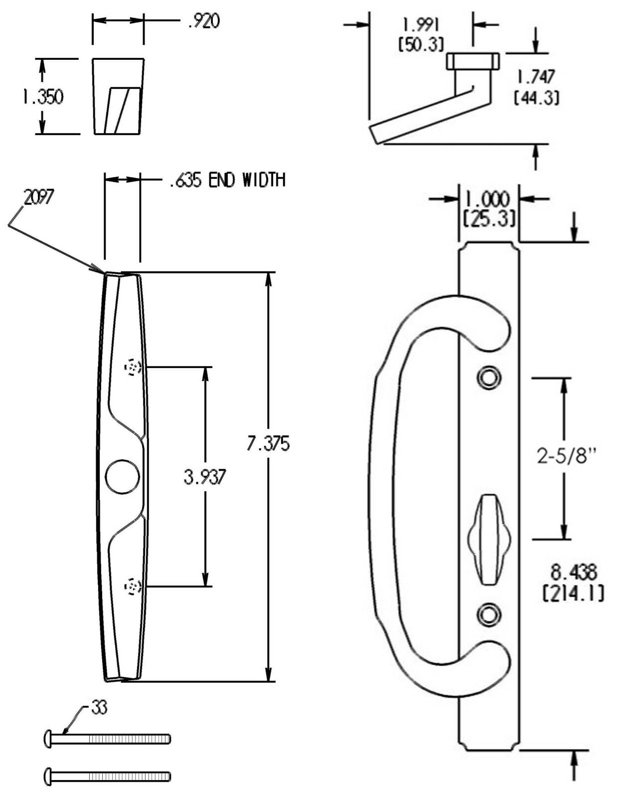Replacement Solid Brass Sliding Patio Door Handle with Pull - Lock Available