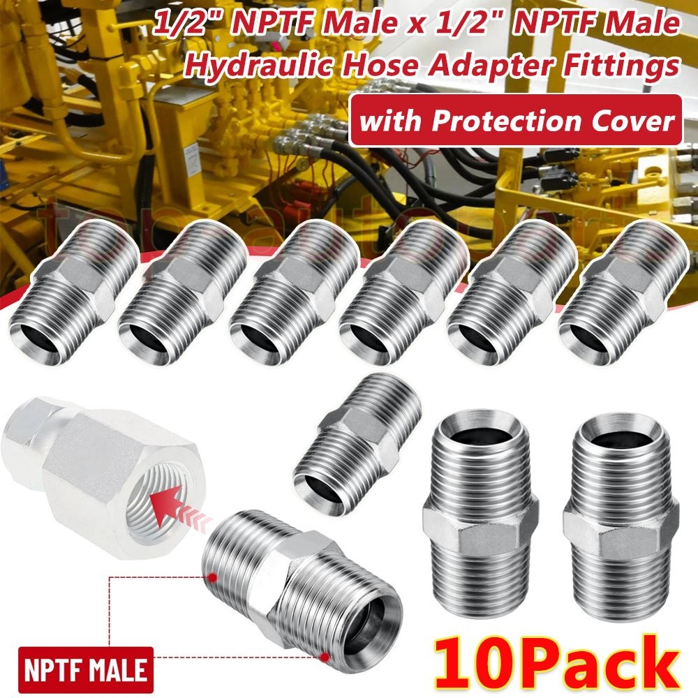 10 Pack Hydraulic Adapter: 1/2" NPTF Male x 1/2" NPTF Male with Protection Cover