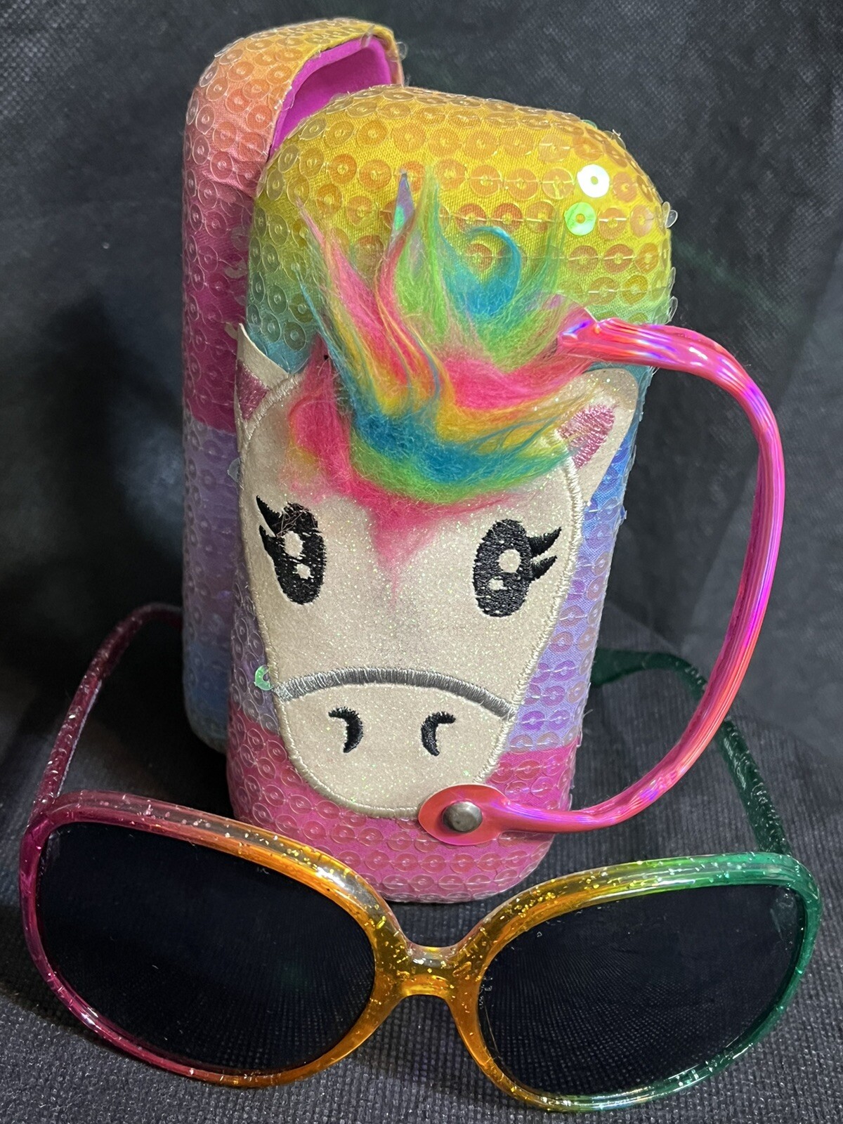 UNICORN SEQUINS Hard Case with Sunglasses Kids Or Adults Rainbow Jewels