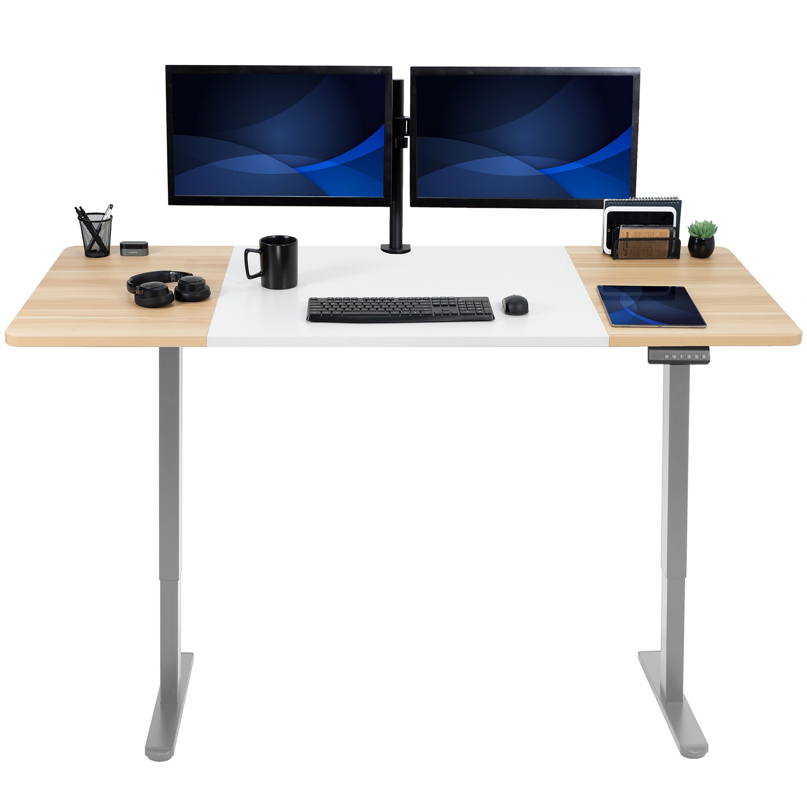 VIVO Electric Dual Motor 71” x 30” Desk, White & Light Wood Top, Gray Frame