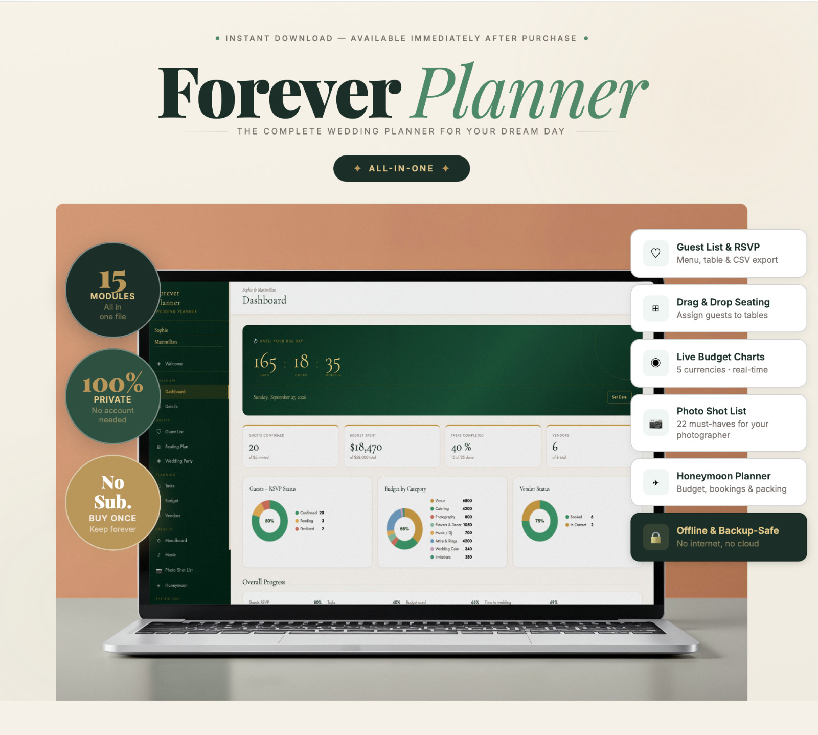 All-in-One Wedding Planner (English) | Digital Planner | Countdown/Budget/Seatin