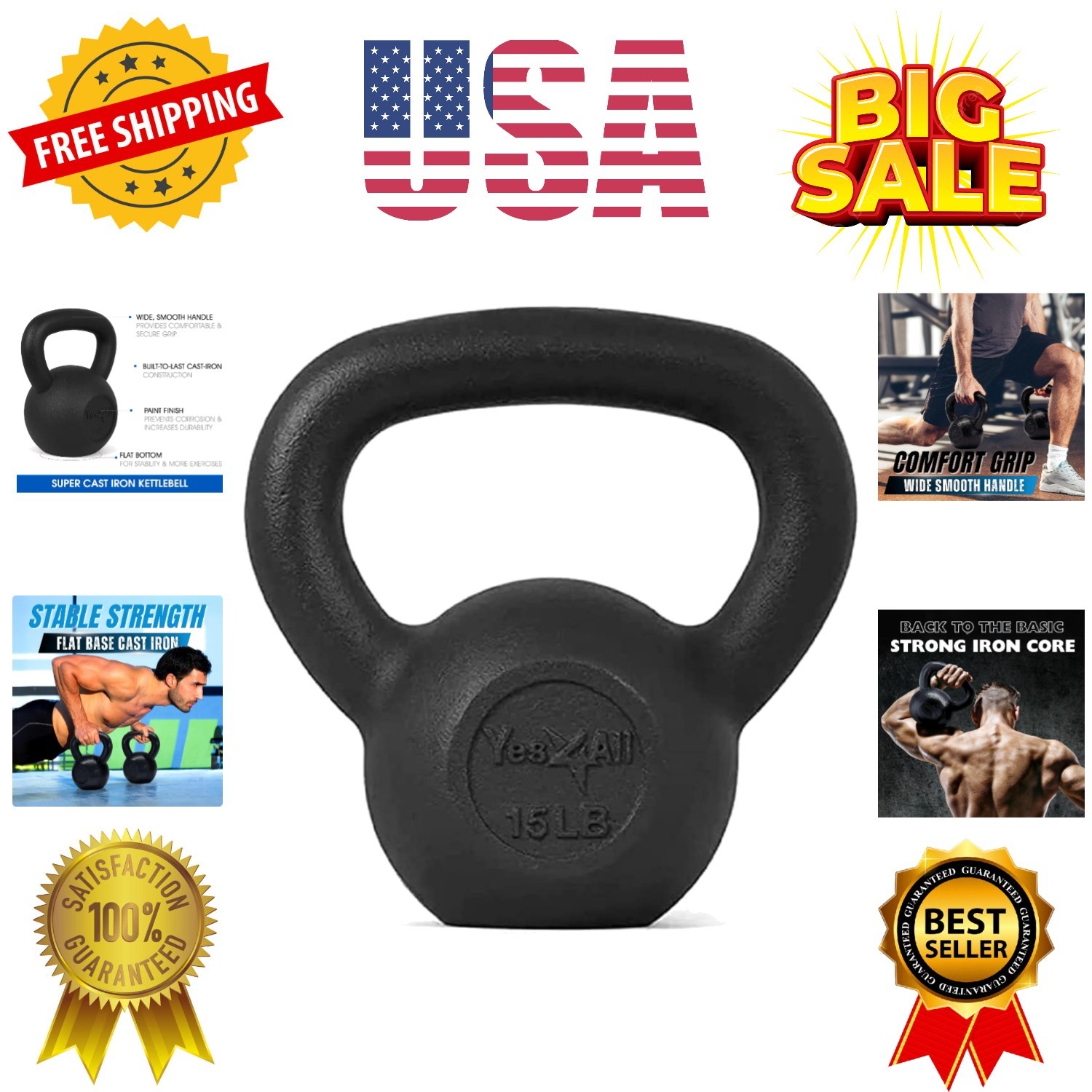Cast Iron Kettlebell, Strength Training Kettlebells 15LB