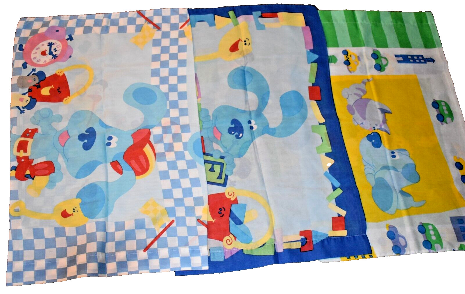 j9 !WOW! Set of 3 Vintage BLUES CLUES Reversible Pillow Case Cases Pair {Fabric}