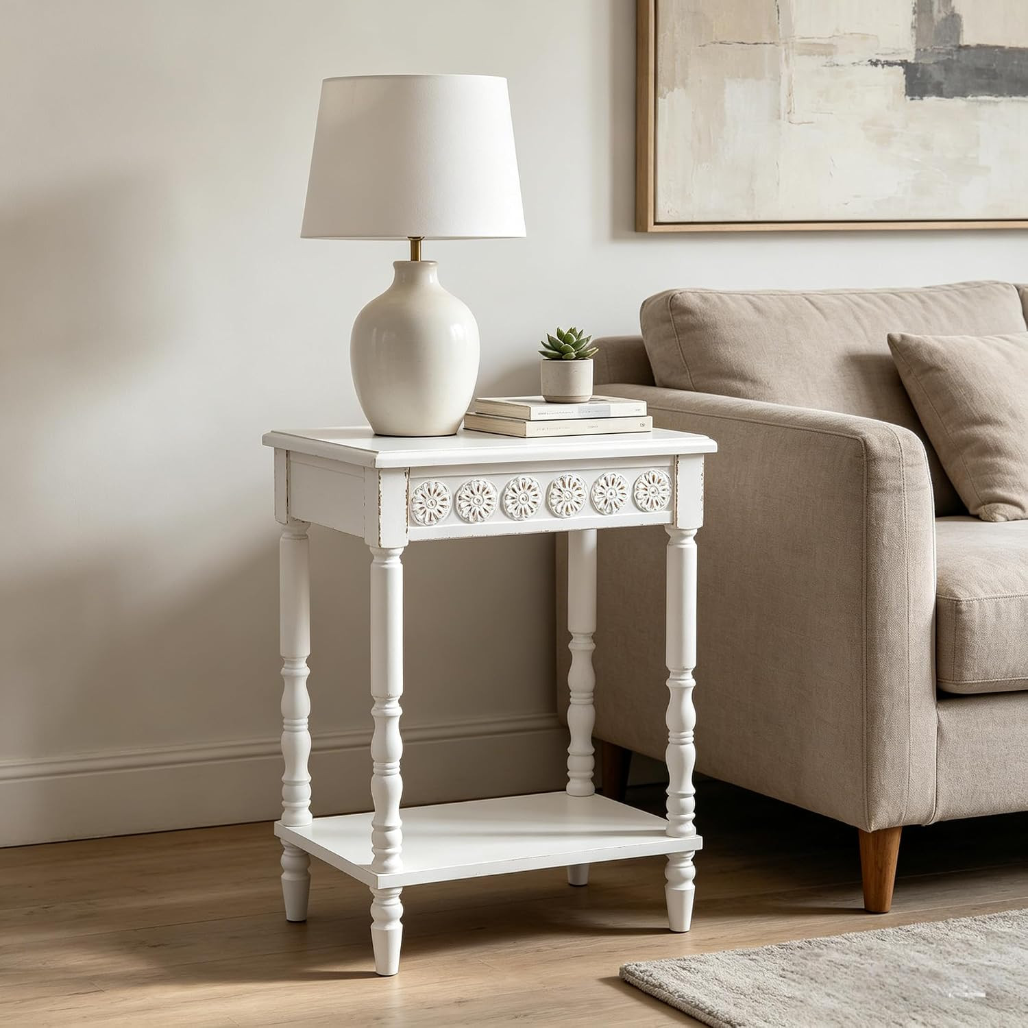 White Wood End Table, Farmhouse Modern Narrow Side Table, 25 × 33" | Handmade Di