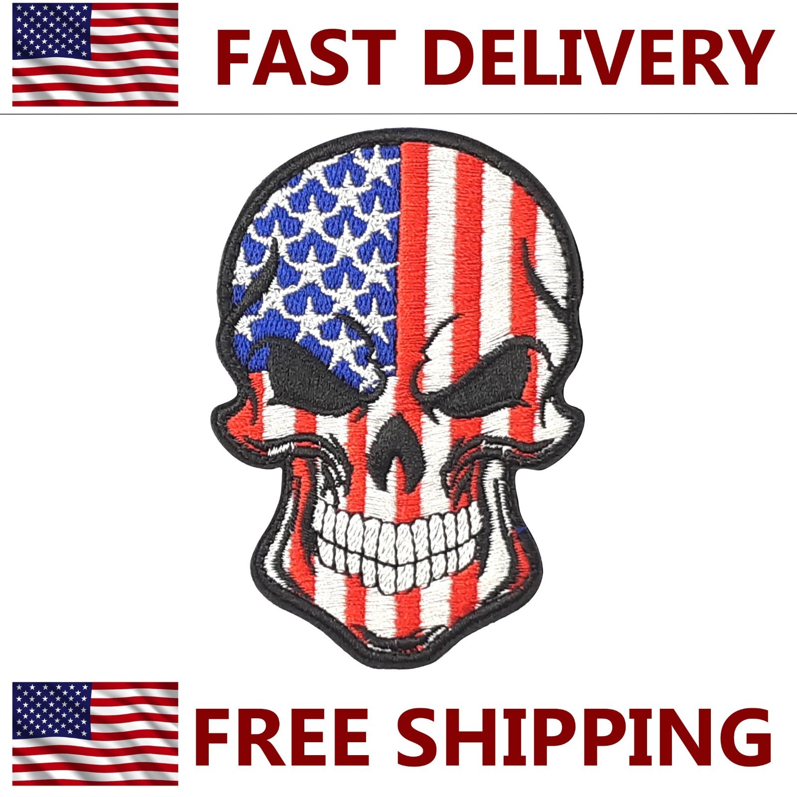 Skull US Red-Blue - Embroidered Patch  - Hook and Loop - Morale Patch