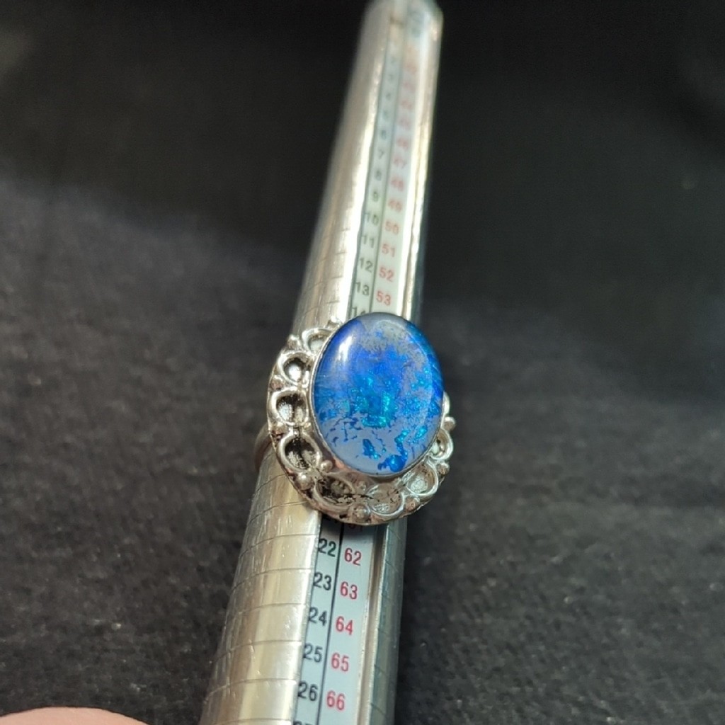 Silver Plated Blue Australian Triplet Opal Gemstone Statement Ring - Size 8.5