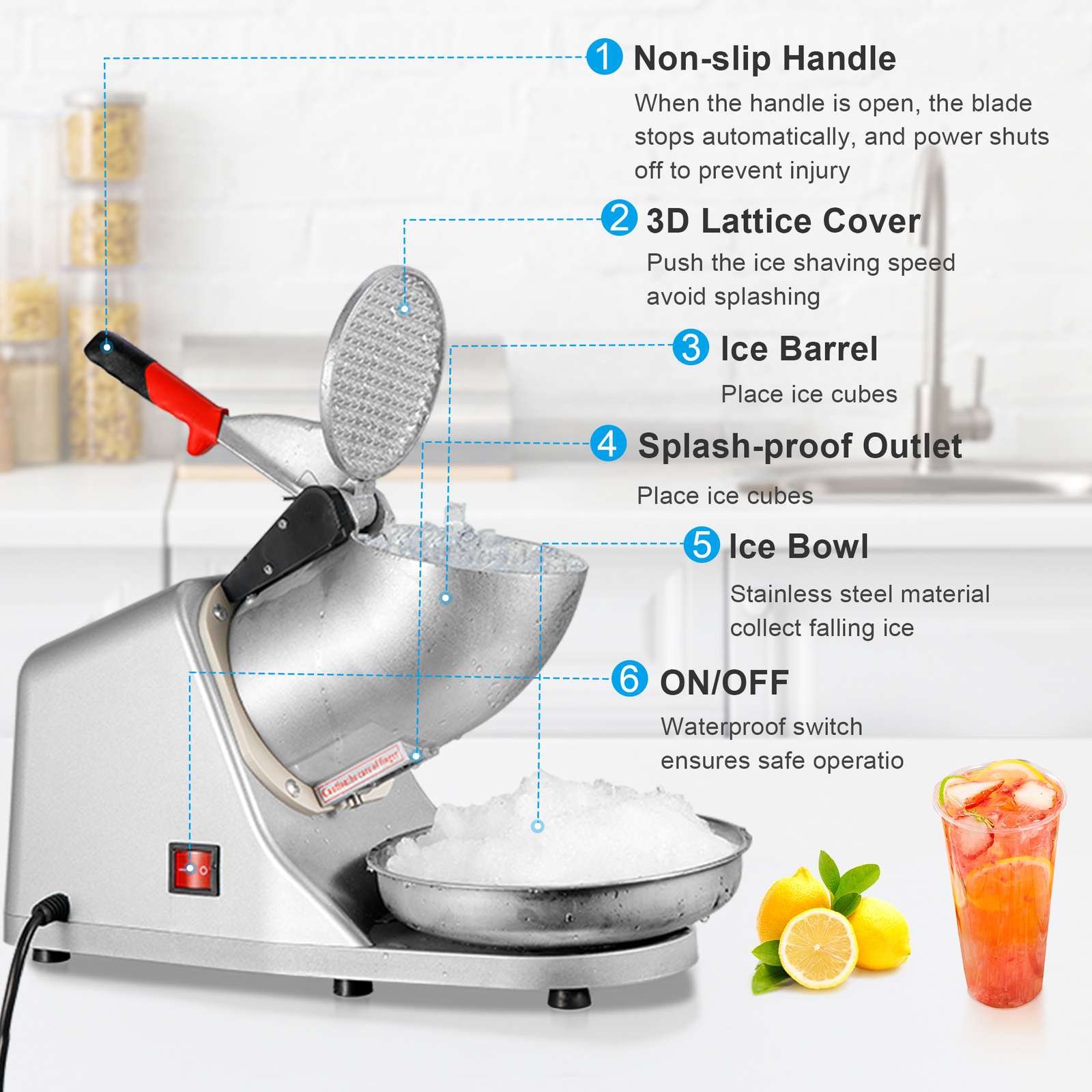 4PCS Electric Ice Crusher Shaver Machine High Efficiency Snow Cone Maker Silver