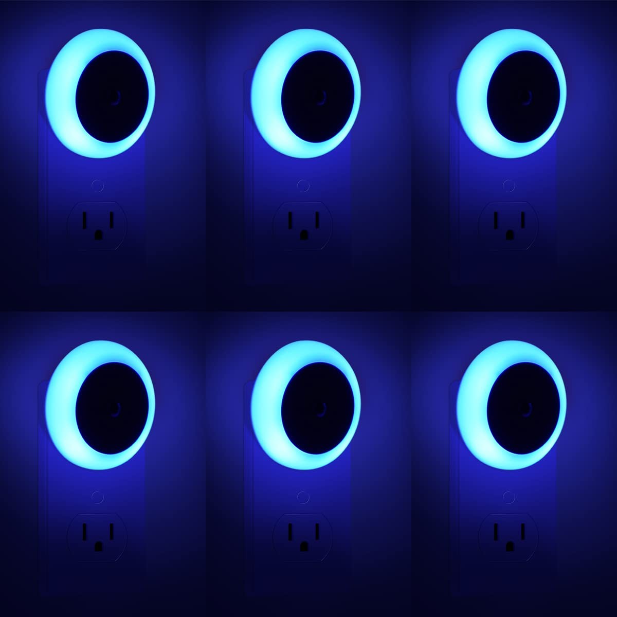6 Pack Blue LED Night Lights Plug Into Wall w/ Dusk to Dawn Sensors for Bedroom