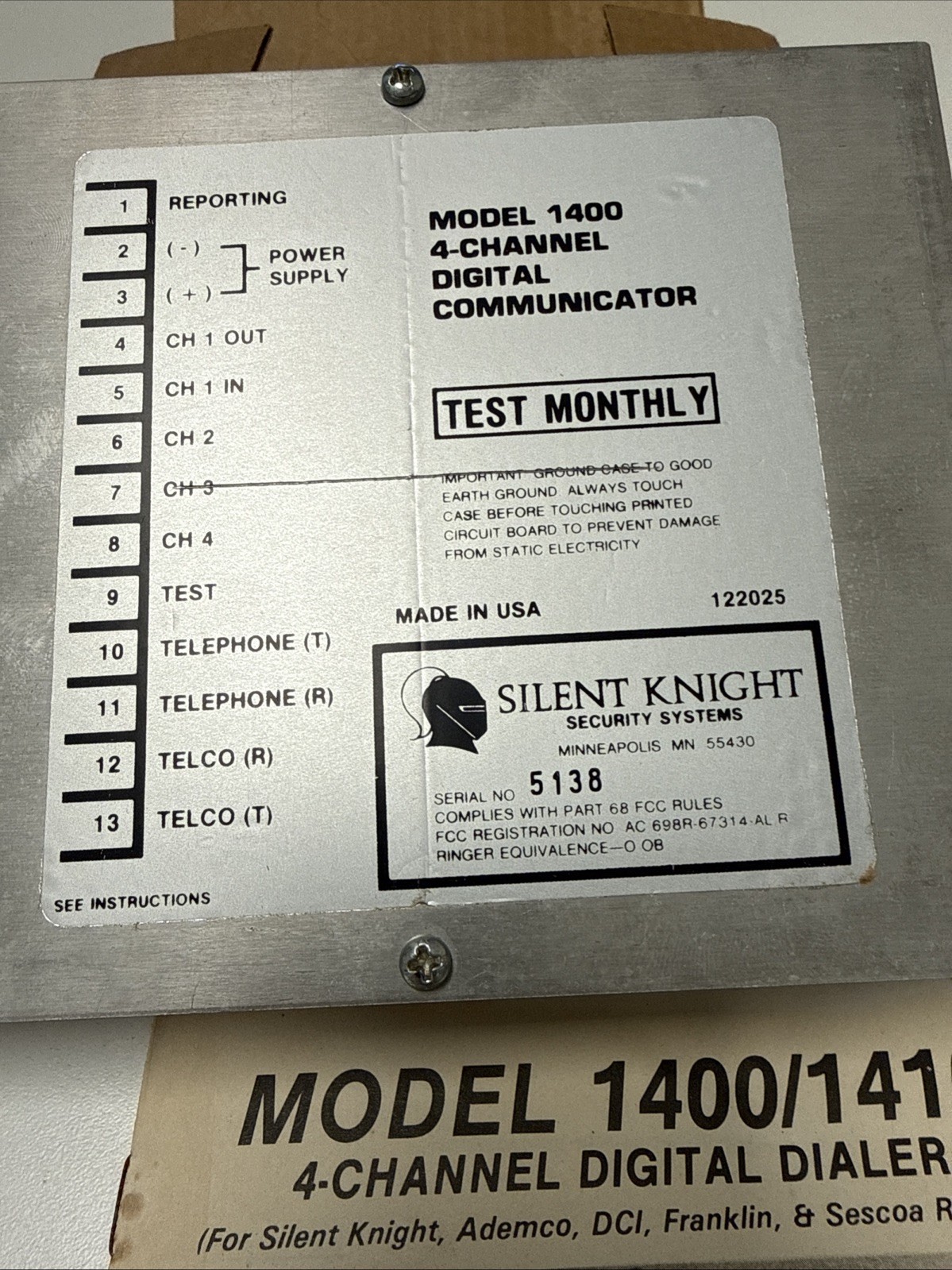 SILENT KNIGHT 1400 1410 4-CHANNEL DIGITAL DIALER COMMUNICATOR