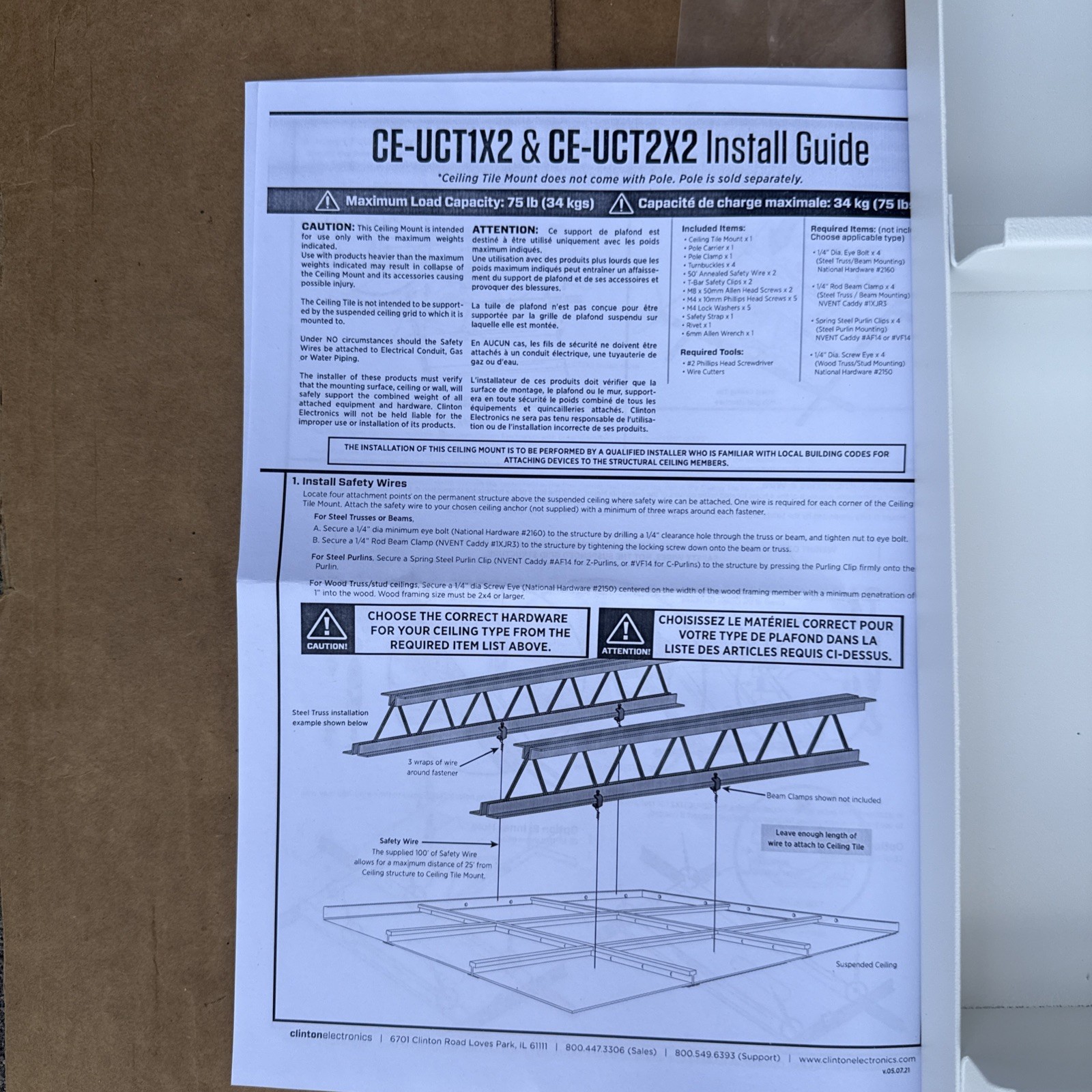 Clinton CE-UCT2X2 2x2 Universal Ceiling Mount Tile Bracket White UL NEW
