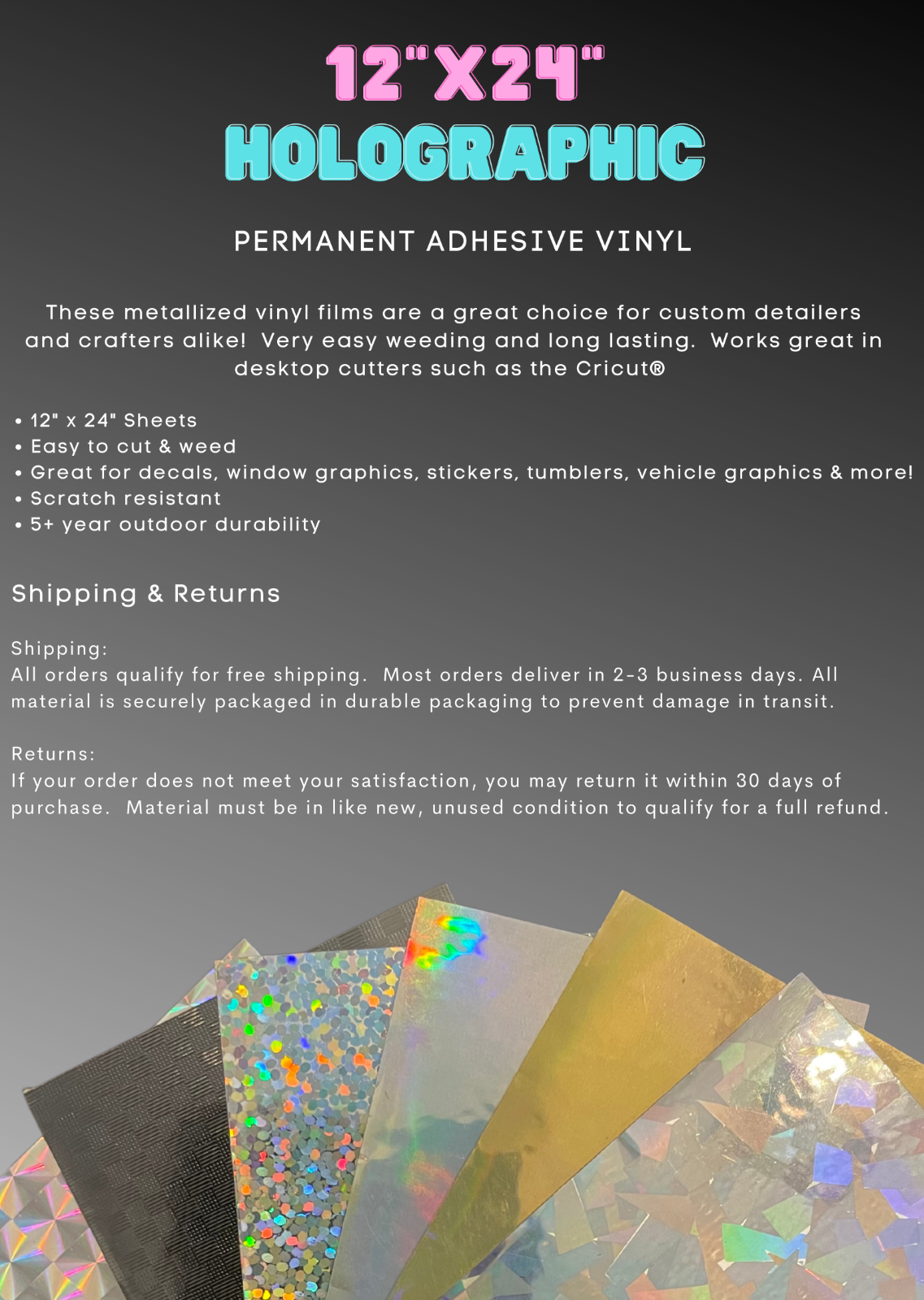 12"x24" Holographic Vinyl for Cricut® - Permanent Adhesive - Multiple Patterns