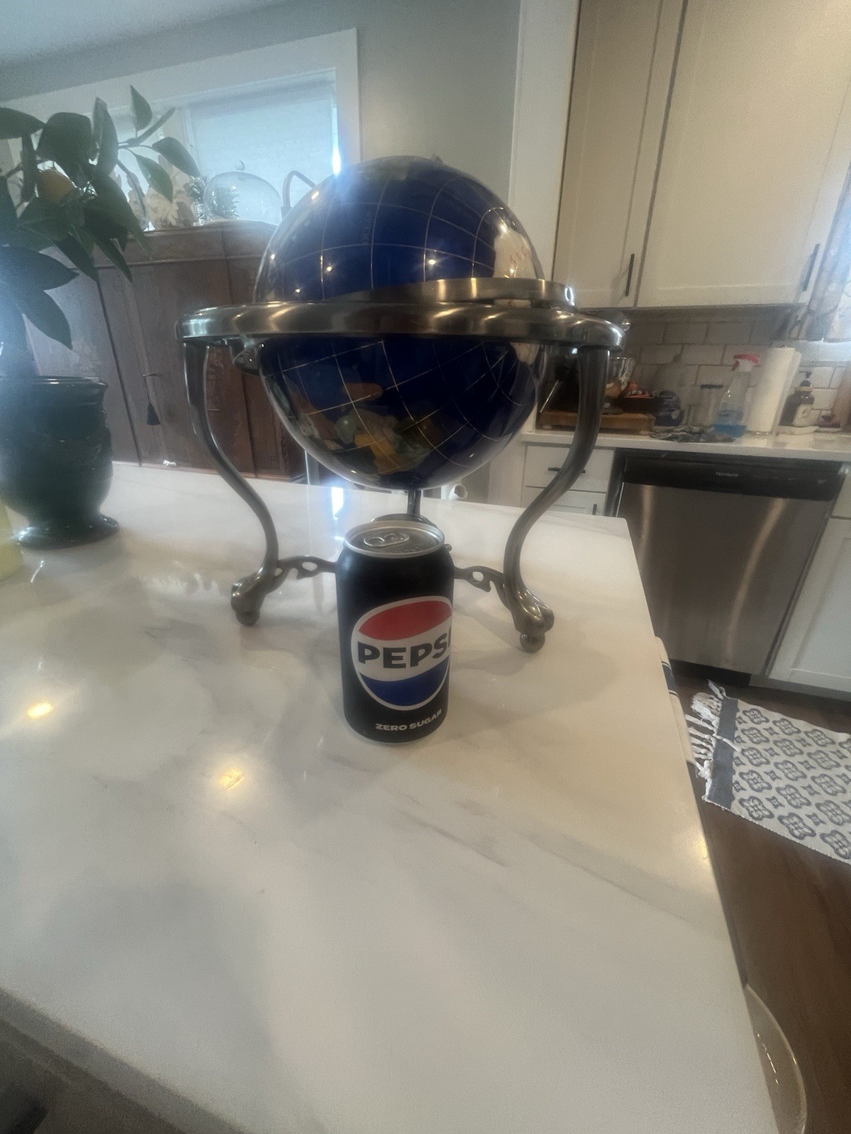 Lapis Blue Gemstone Tabletop World Globe w/ Compass: 3 Leg Silver Tone Stand