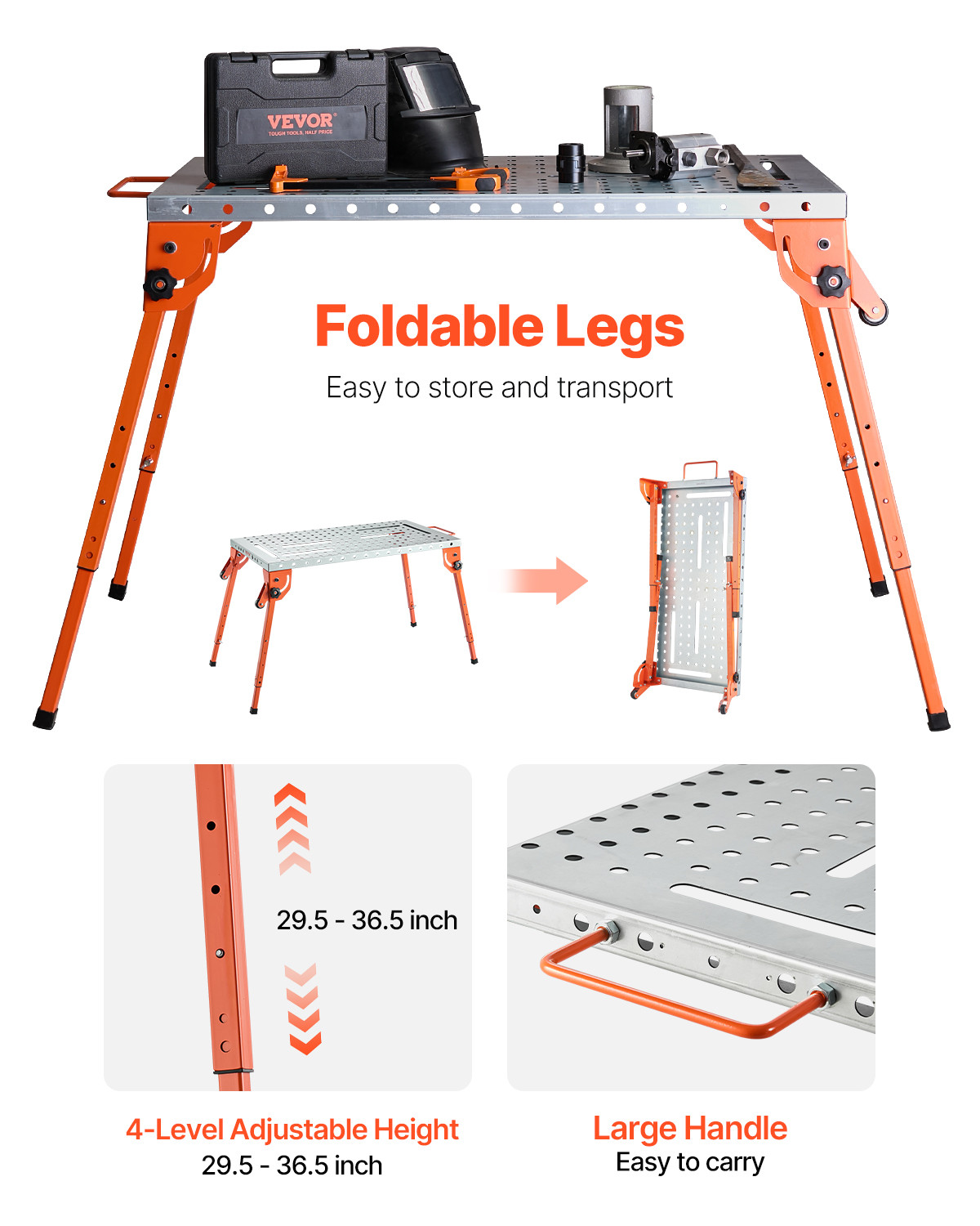 VEVOR Welding Table 44" x 21" 500LBS Folding Workbench with 4-Level Adjustable