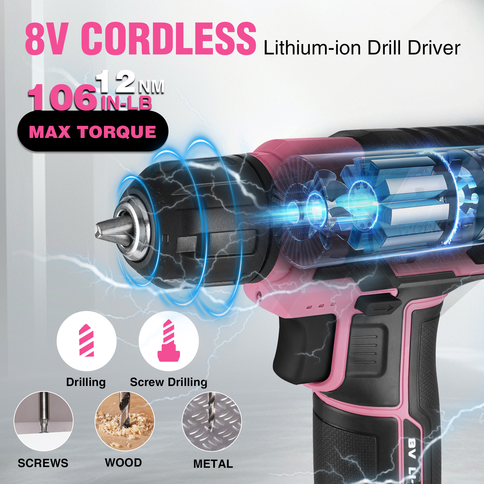 Pink Cordless Drill Driver with Toolbox 43PC wi/8V Lithium-ion Power Drill&Bits