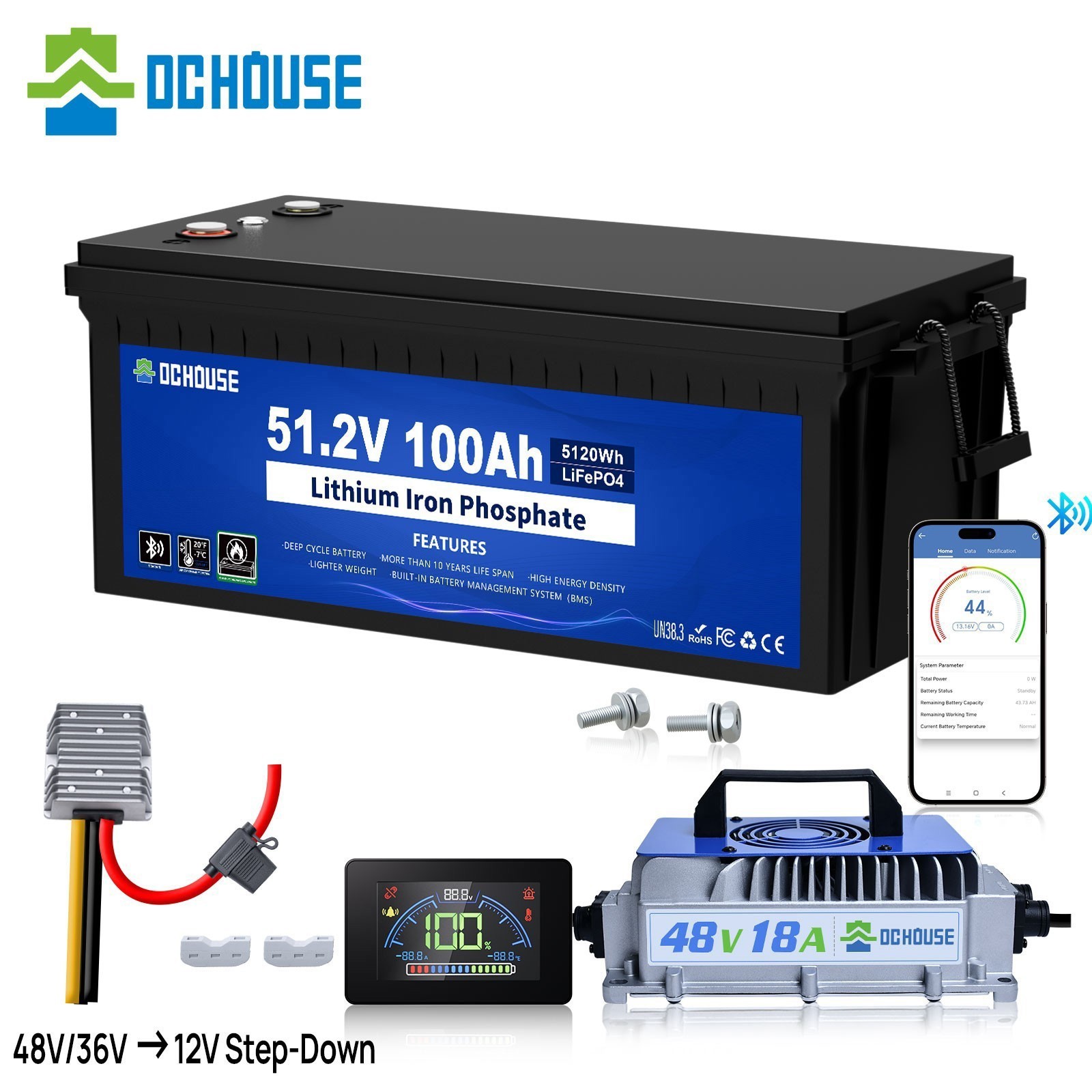48V 100AH Golf Cart Lithium LiFePO4 Battery with 18A  Charger Club Car Bluetooth