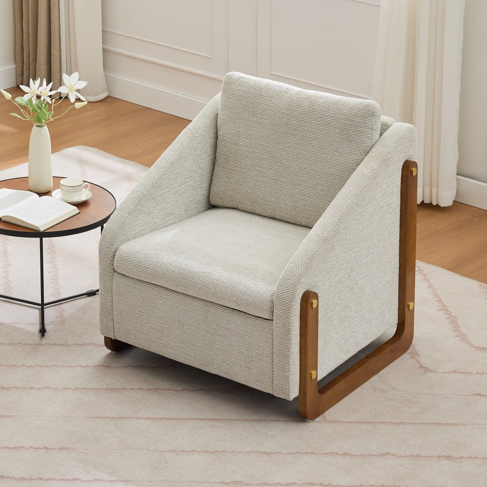 Chenille Fabric Upholstered Armchair with Wooden Frame Cushioned Seat Backrest