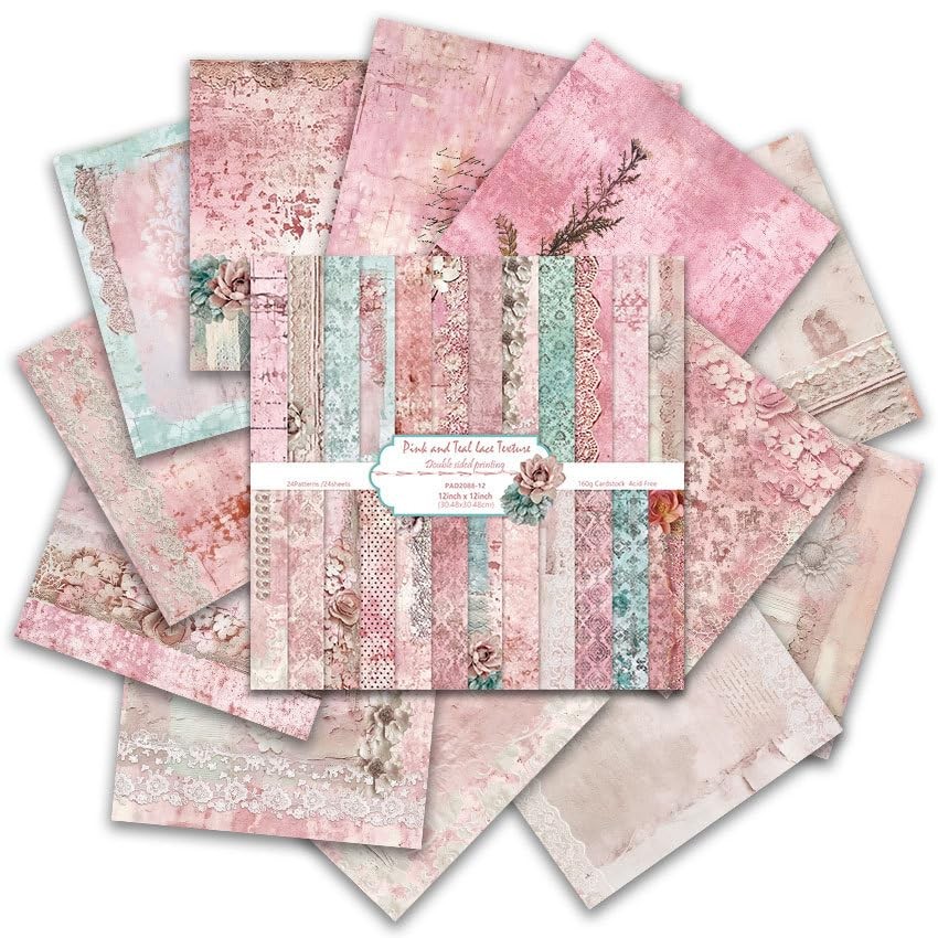 Pink Teal Lace Texture Scrapbook Paper Pattern 24 Sheets 12x12 Inch Double