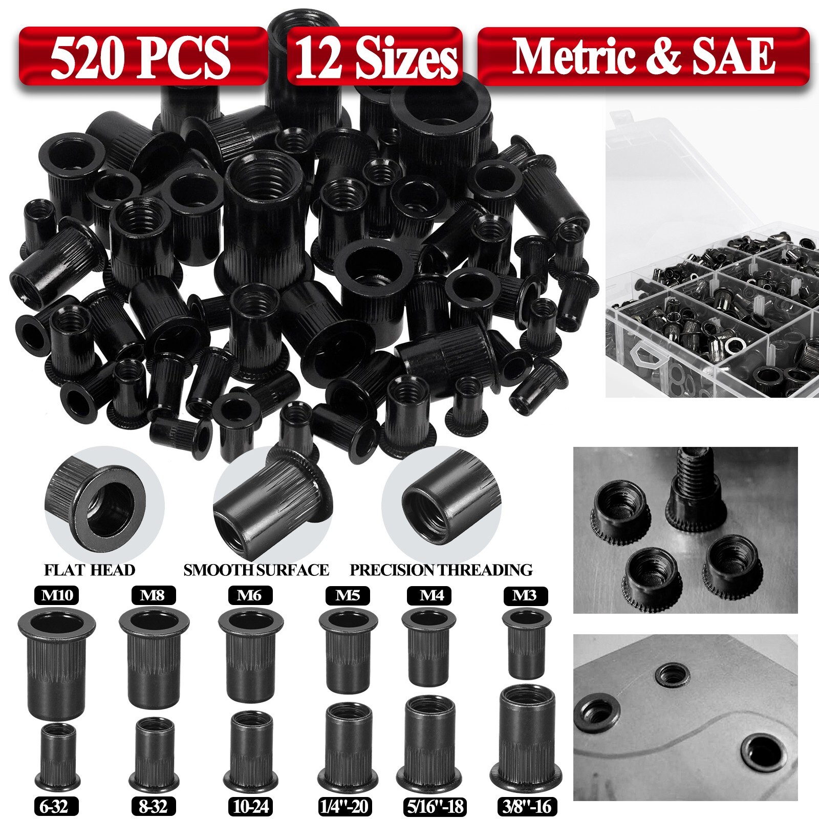 Rivet Nut to Rivnut Tool Nut Setter Thread Setting Nutsert Gun Metric&SAE 520PCs