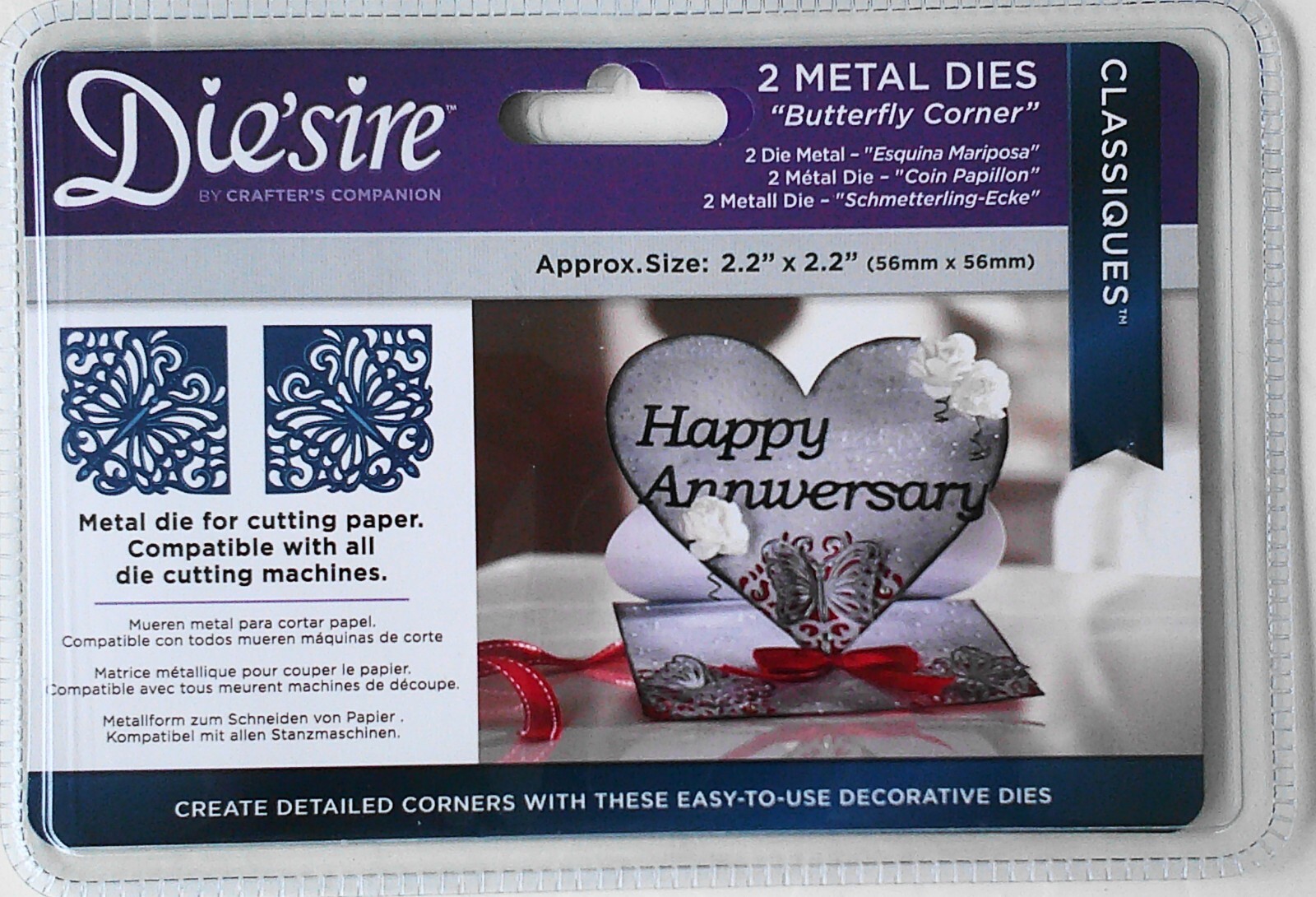 Crafters Companion Die'sire Butterfly Corner 2 Metal Dies 2.2"x2.2" Sealed