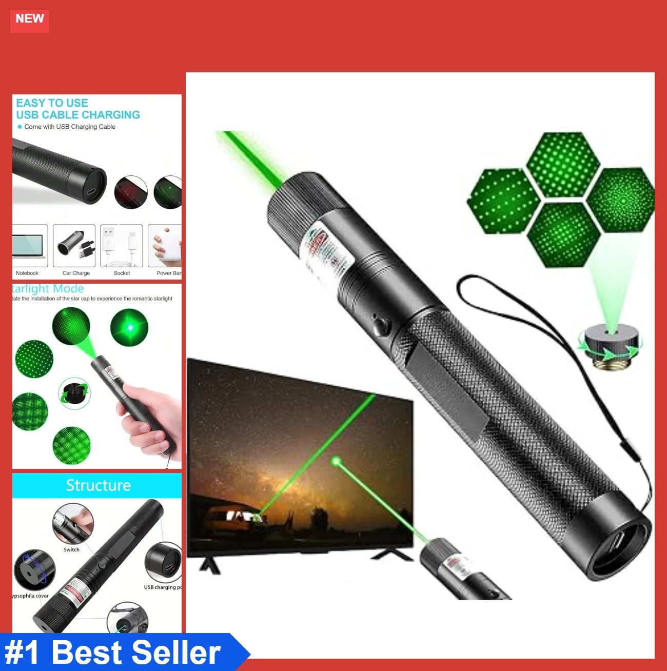 Rechargeable Green Laser Pointer USB Charging Aluminum Alloy for Hiking