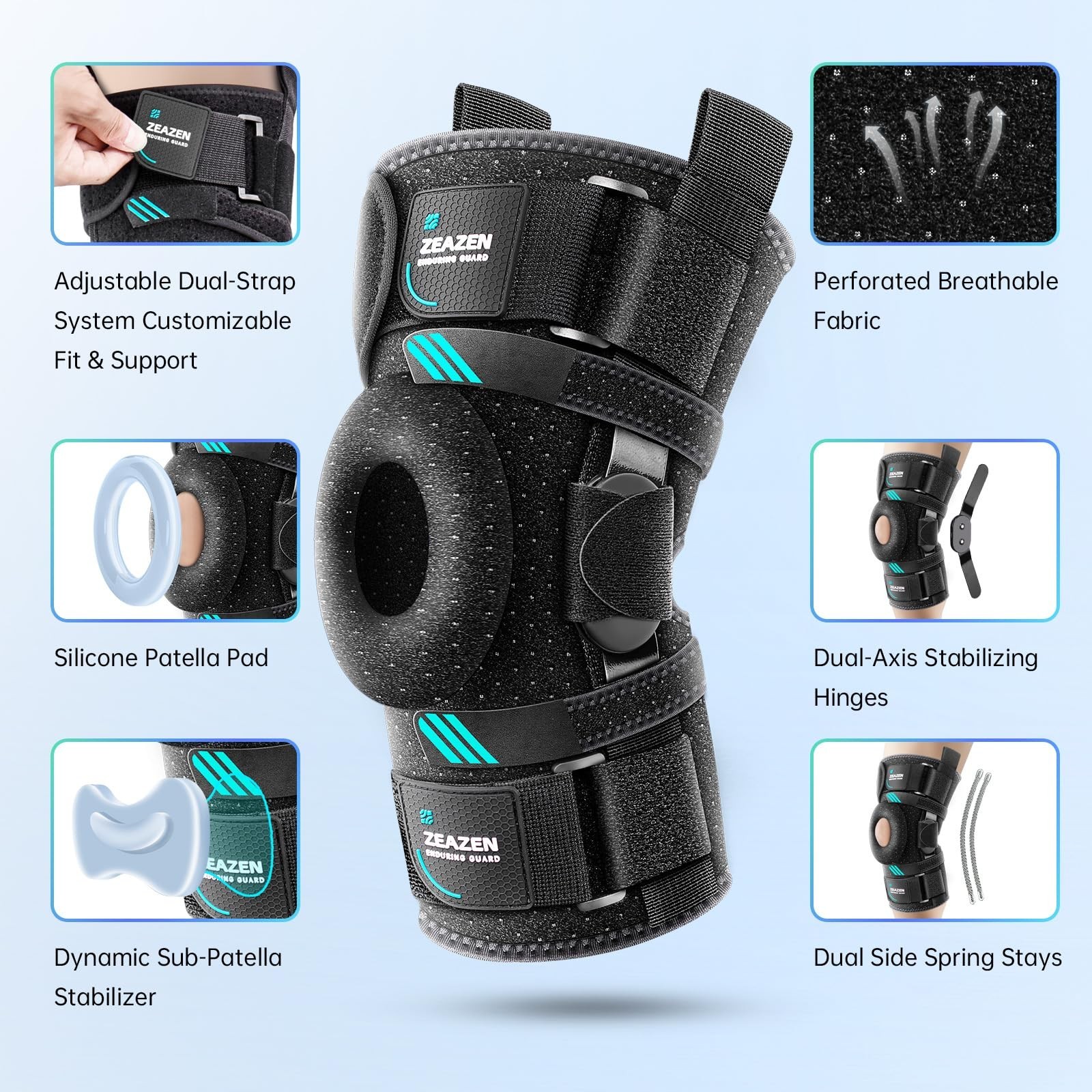 Hinged Knee Brace with Dual Metal Side Stabilizers & Patella Support – Adj
