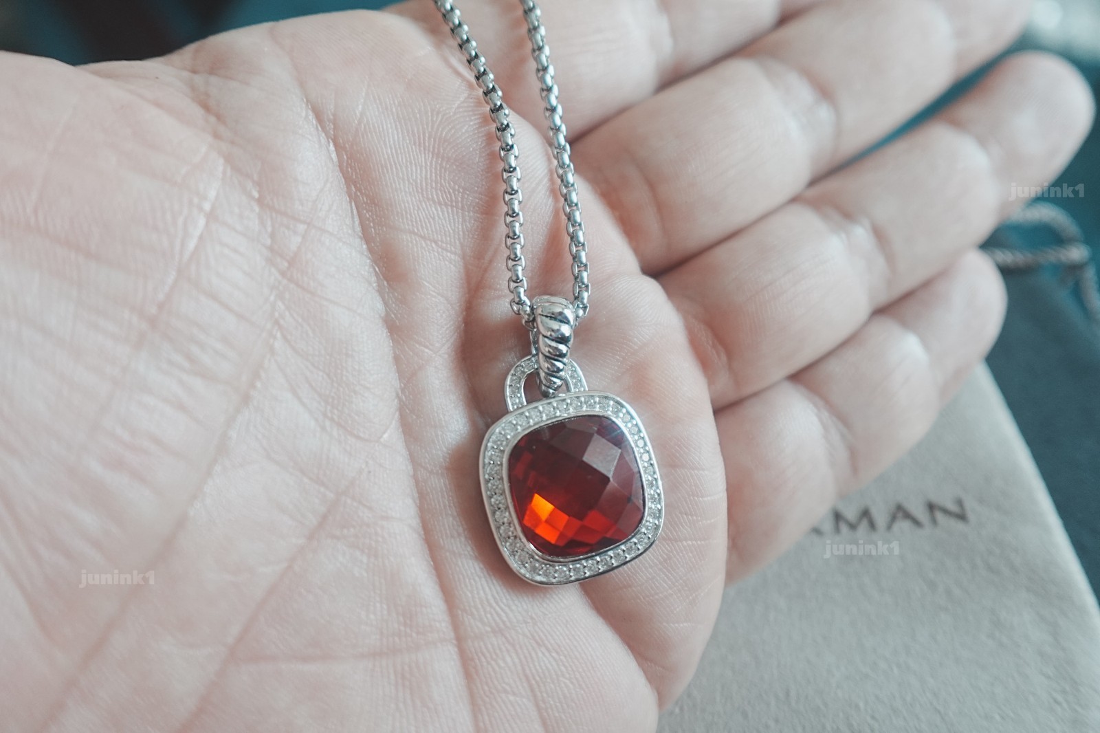 NEW Albion Petite 925.Garnet Diamond HaloDaviidYumanPendant Necklace size 17