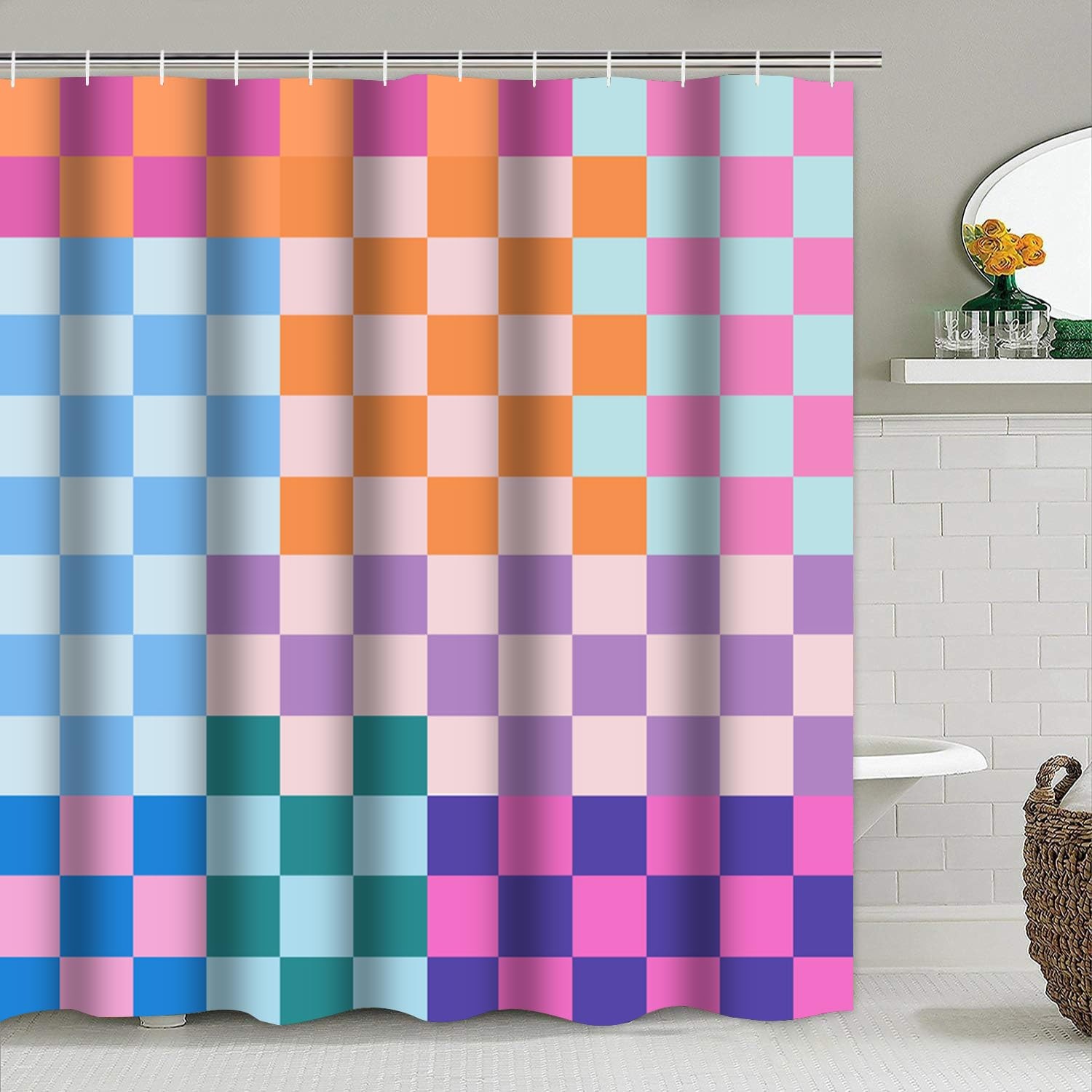 4 PCS Checkered Shower Curtain Sets Fun Gingham Bathroom Sets Soft Non Slip B...