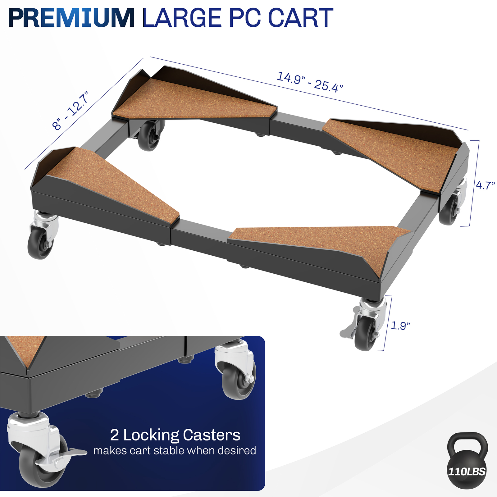 VIVO Black Premium Large PC Cart, CPU Rolling Stand, Adjustable Computer Trolley