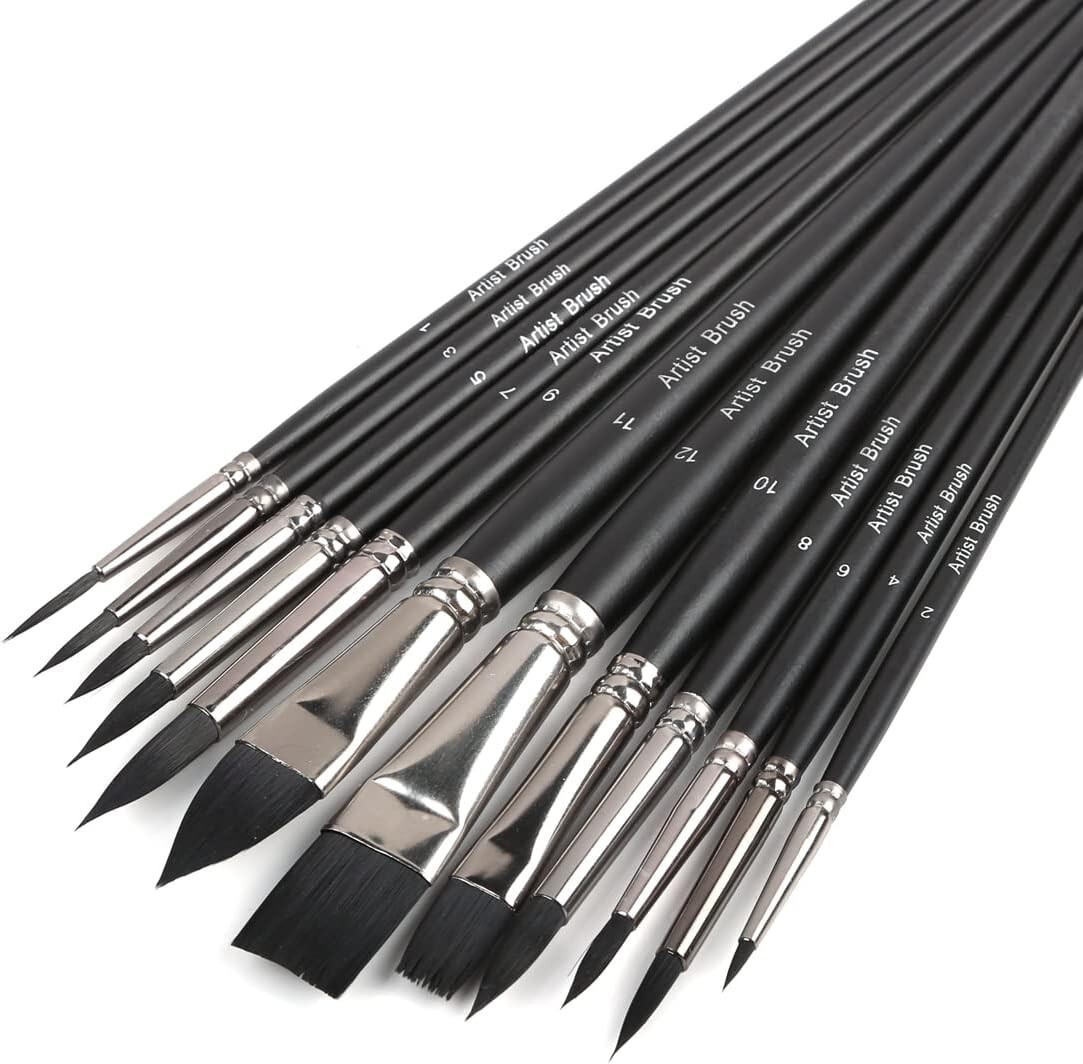 Artist Paint Brush Set of 10 or 12 Art Brushes for Watercolor Acrylic Gouache