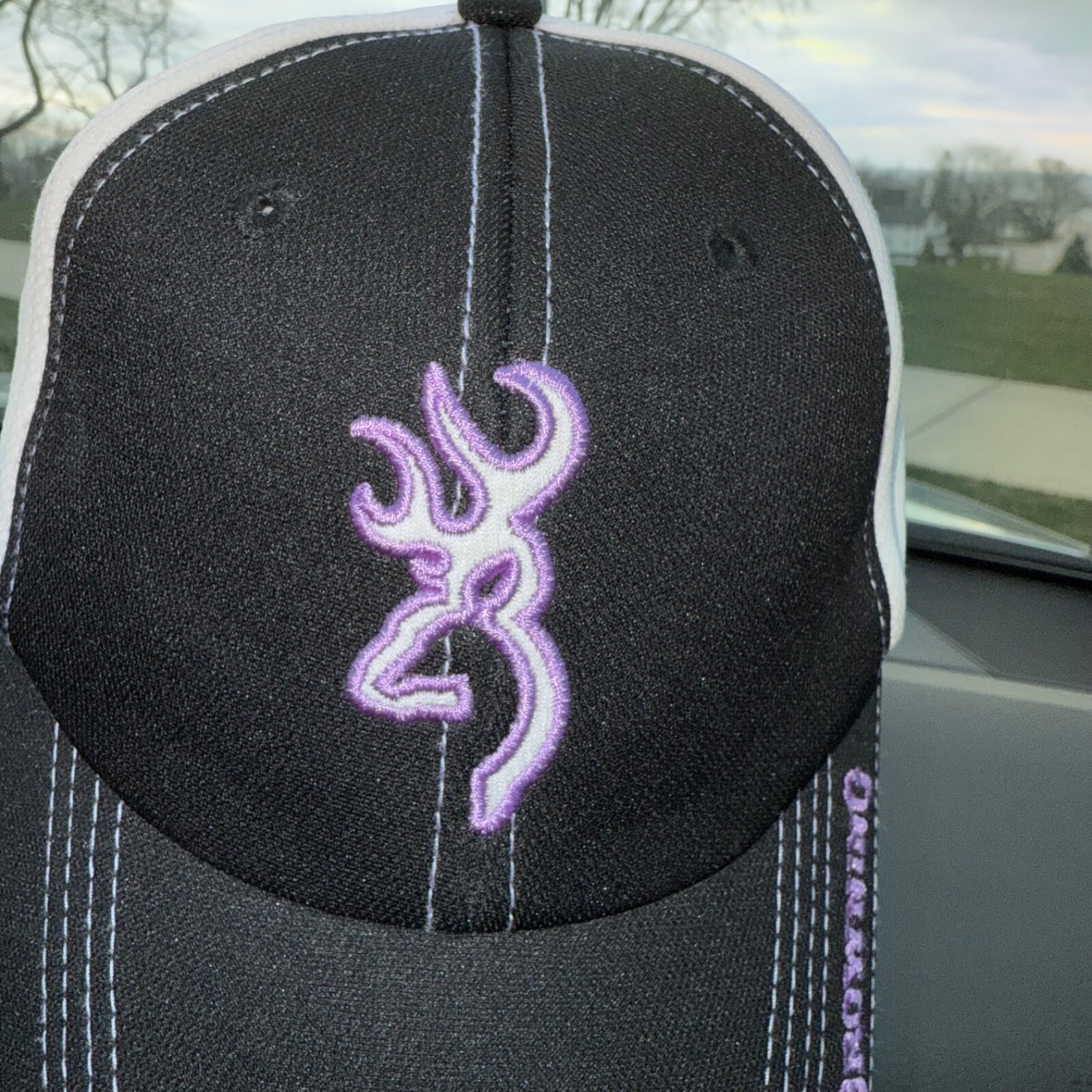 Browning Logo Black Purple White Hat Cap Hook Loop Vent Holes on Sides EUC