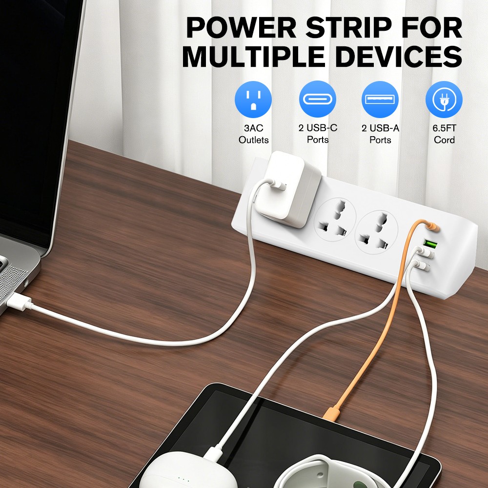 Wall Plug Power Strip with 3 Outlets Surge Protector Extension Cord Clock+Light