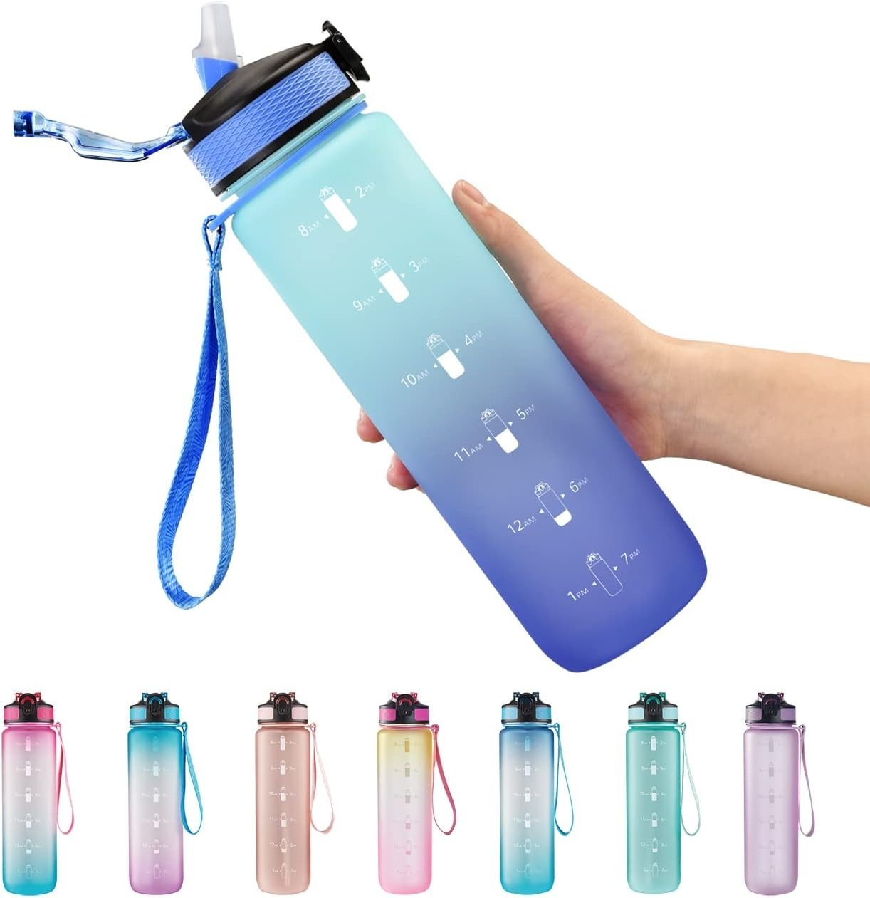 EYQ 32 oz Water Bottle with Time Marker, 32 Ounces, 02-Blue/Purple Gradient
