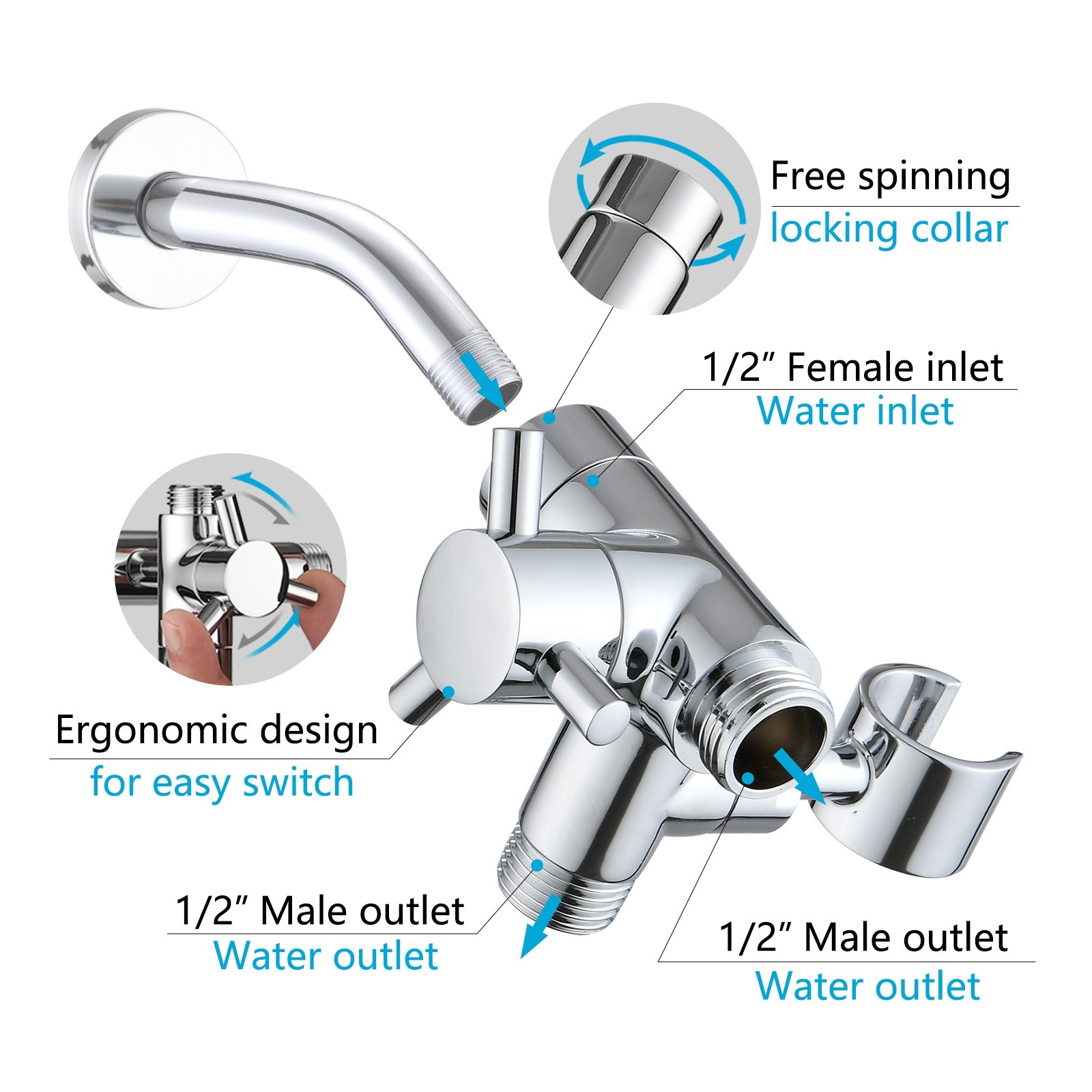 3-way G1/2 Shower Diverter with Handheld Holder, Solid Brass