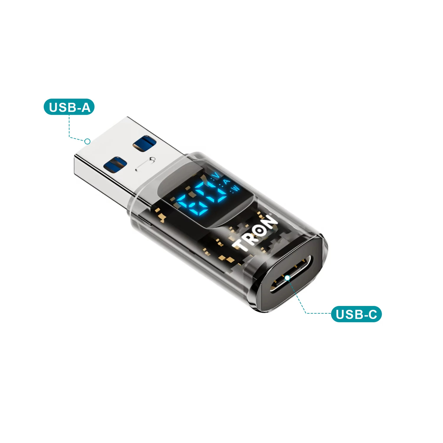 TRON USB-C to USB-A Adapter, LED Display  Data Transfer & Fast Charging,