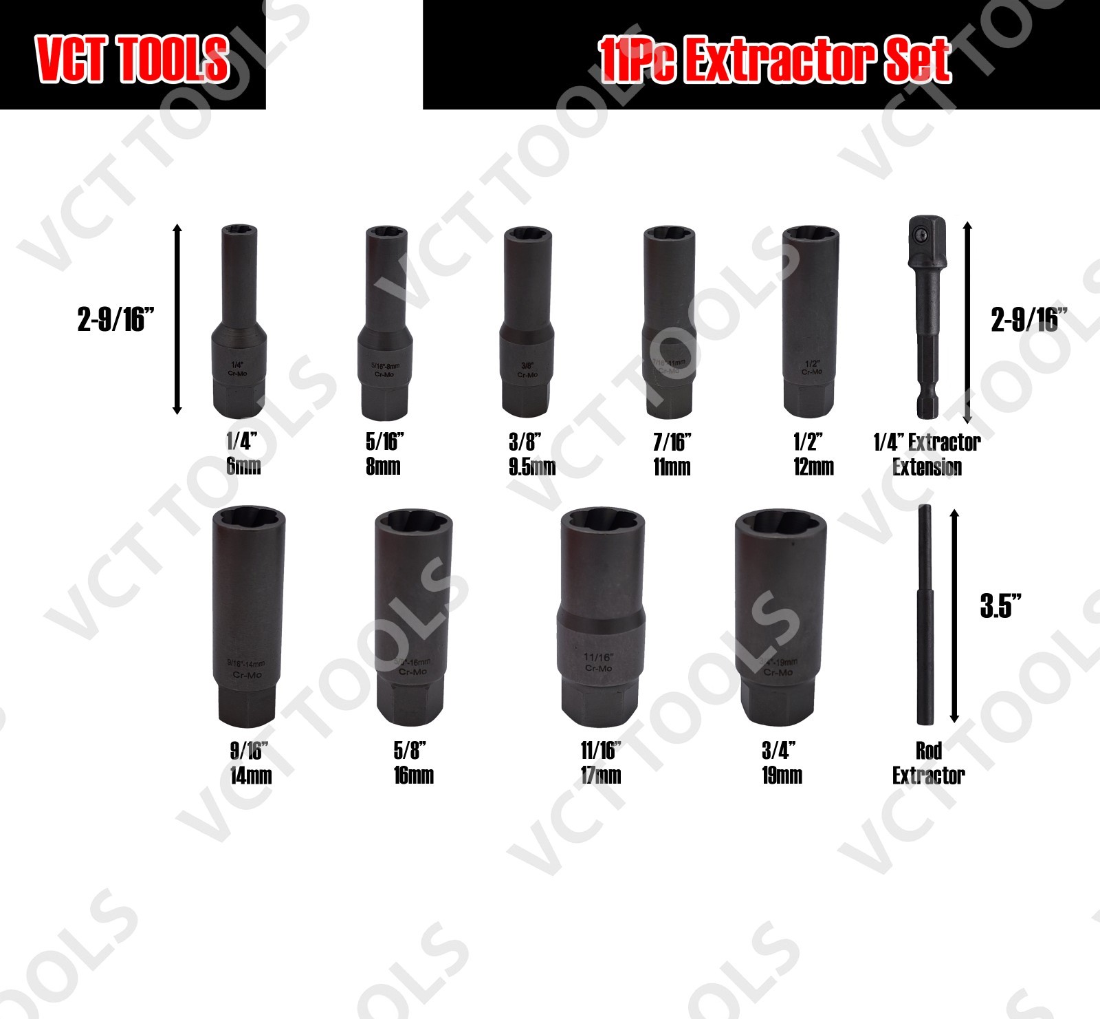 11pc Extra Long Screw, Nut, Bolt, Spark Plug Extractor Set, 1/4" - 3/4"