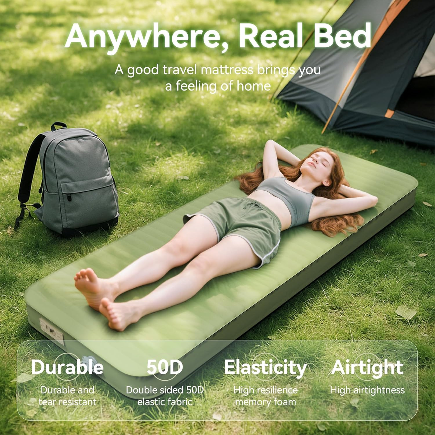 Camping Sleeping Pad, 4" Ultra-Thick Memory Foam Camping Mat with Built-In Elect