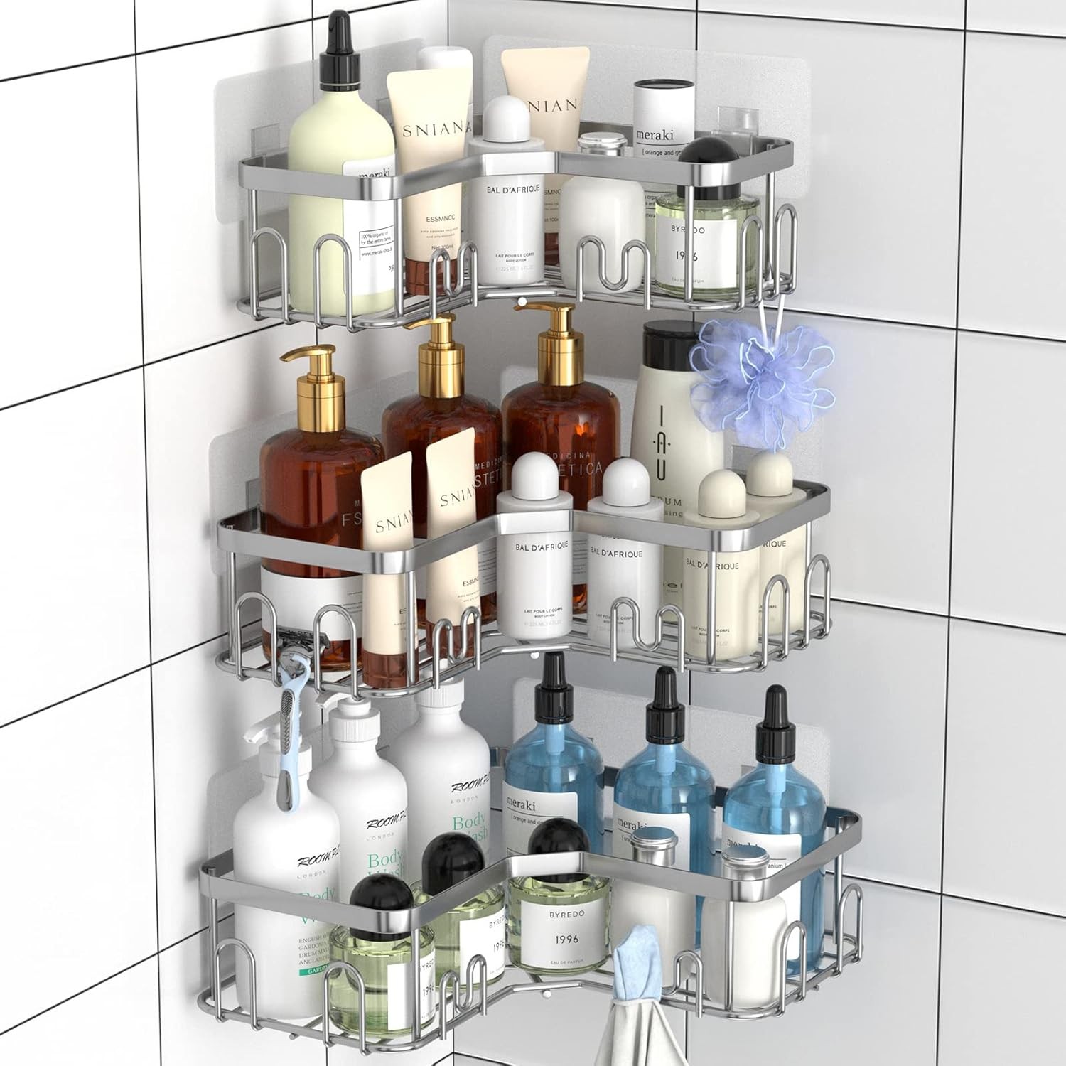 Menbyci 3 Pack Corner Shower Caddy, Shelf with 18 3 packs, Silver