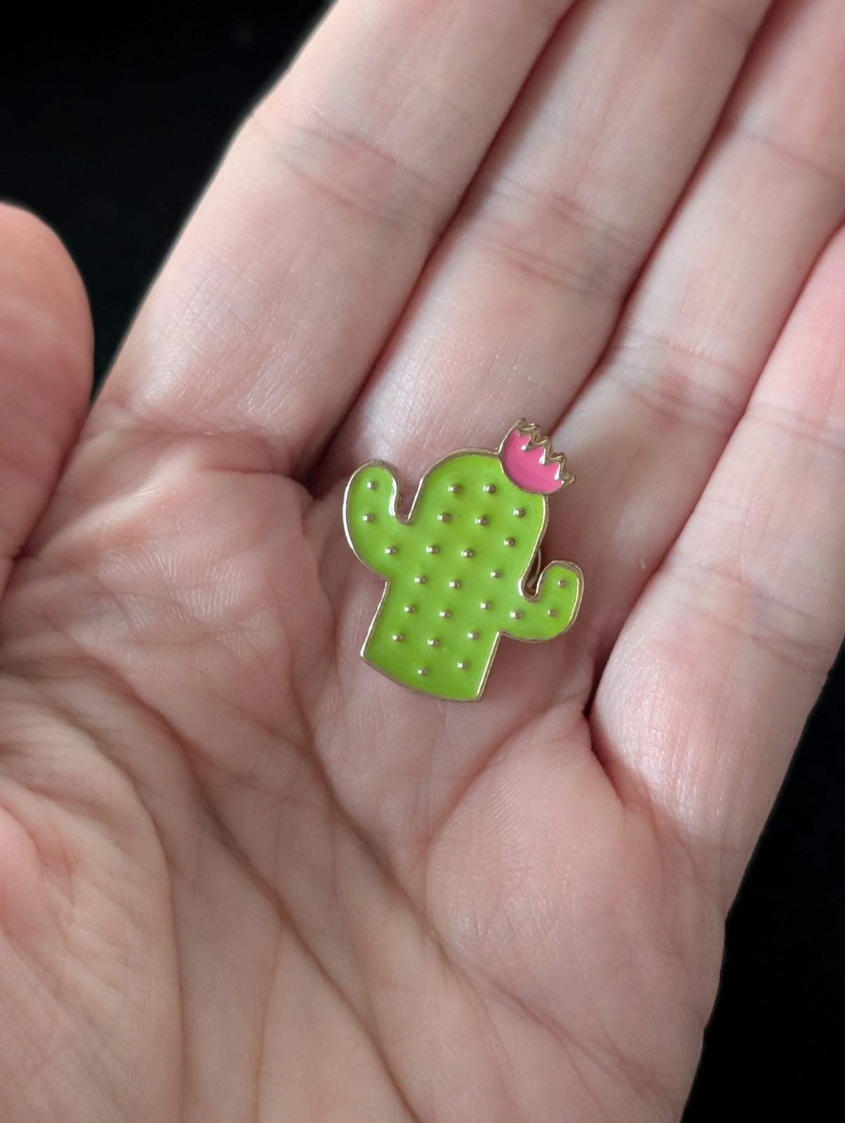 Green Enamel Cactus Pin with Pink Flower Metal Collectible