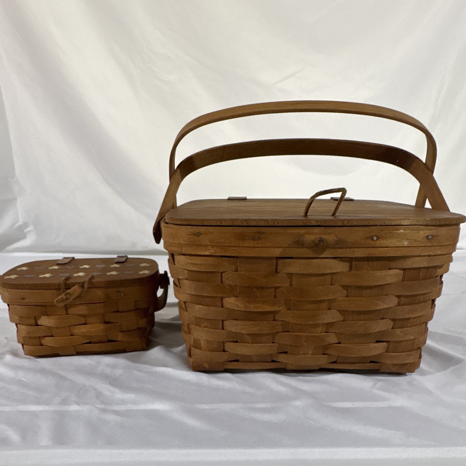 Longaberger Handwoven Wood Picnic Baskets (2) Brown Medium w/ Lids & Handles