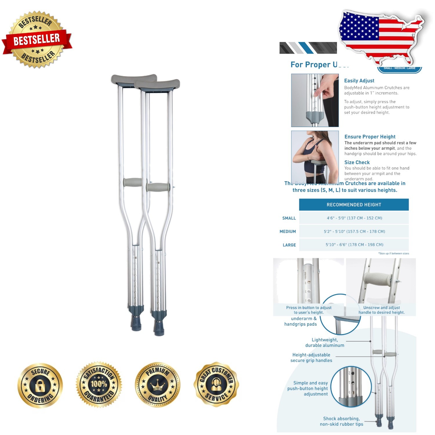 Aluminum Crutches for Adults/Children - Adjustable, 300lb, Comfort Grips