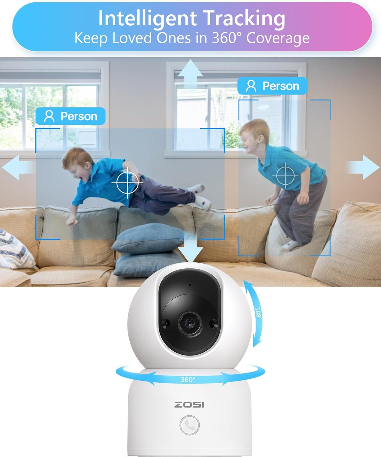 ZOSI 2K 360° Swivel Wireless PTZ Indoor Camera Monitor Intelligent 2.4/5GHz 33FT