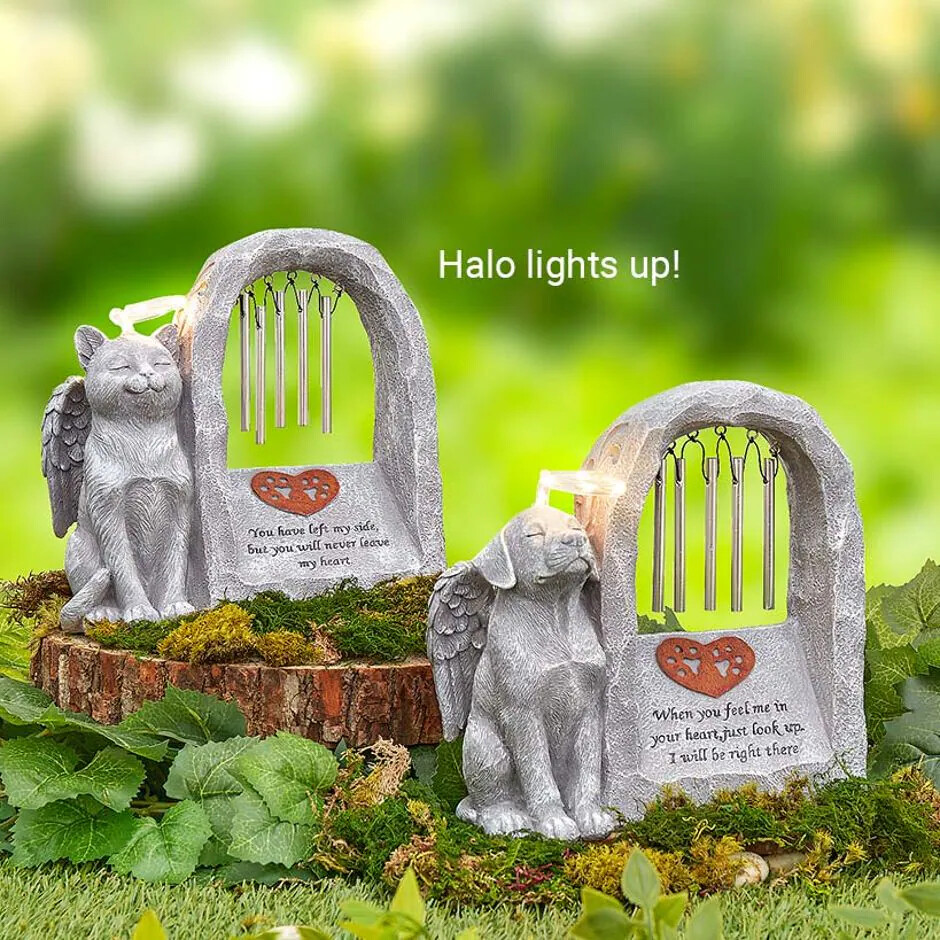 Solar Pet Memorial Figurine Statue Angel Halo Wind Chimes Grave Stone Cat or Dog