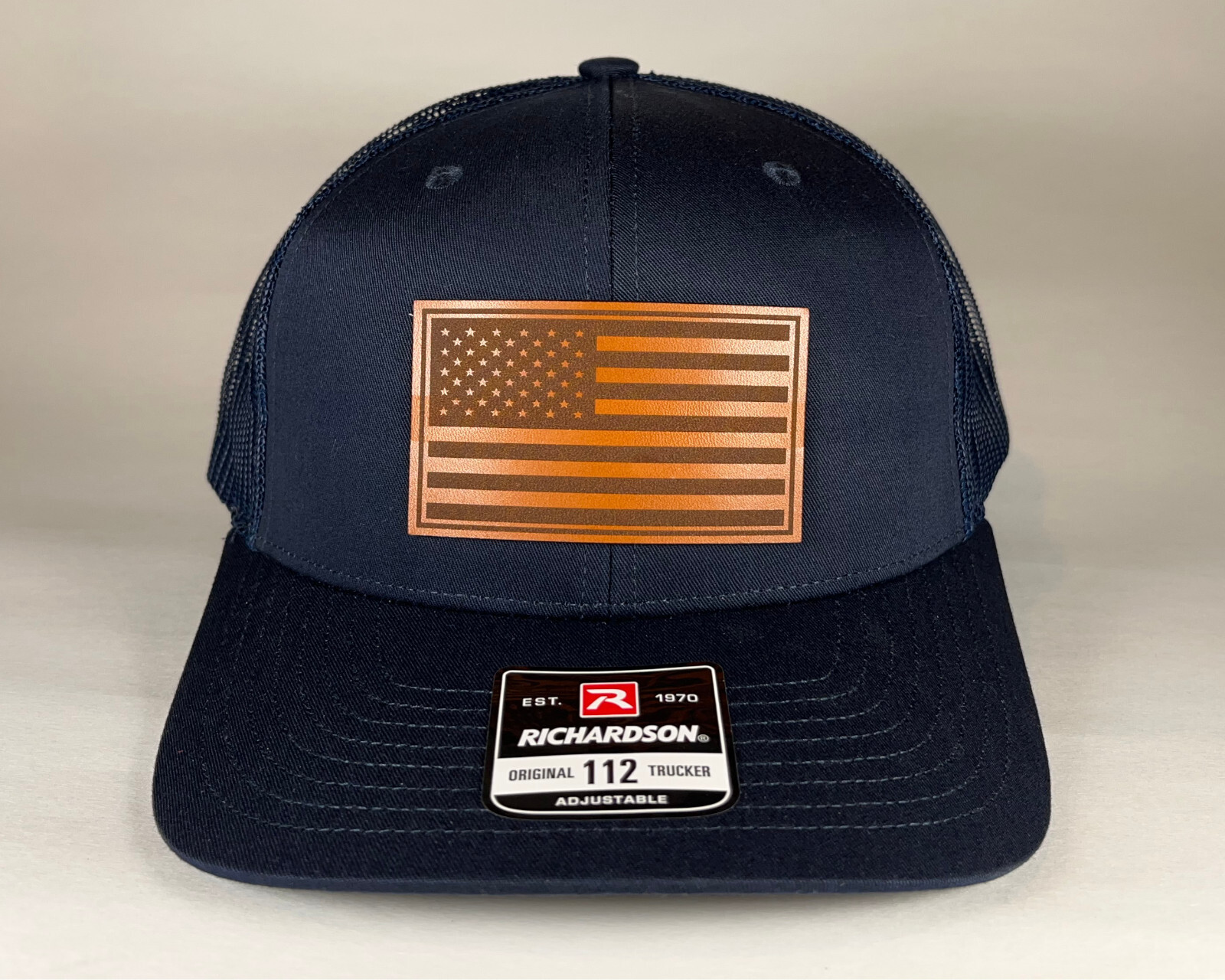 Richardson 112 American Flag 6 Panel Snapback Trucker Mesh Hat Leather Patch