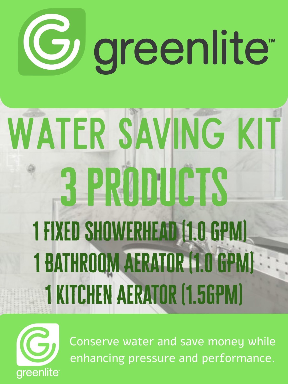 Greenlite Water Saving Kit – Showerhead + Bathroom & Kitchen Aerators – NEW