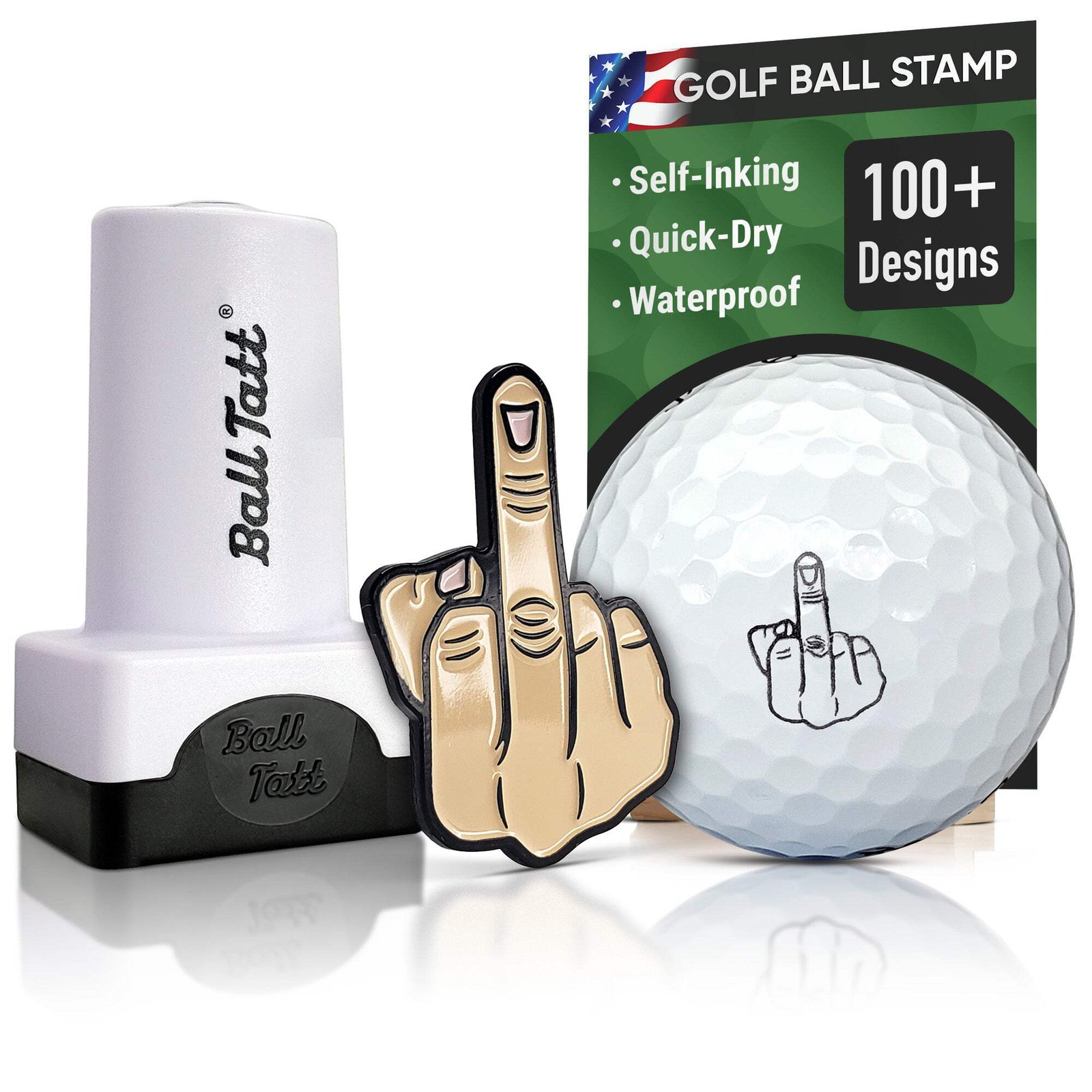 Ball Tatt - Middle Finger Golf Ball Stamp Self-Inking with XL Metal Ball Marker