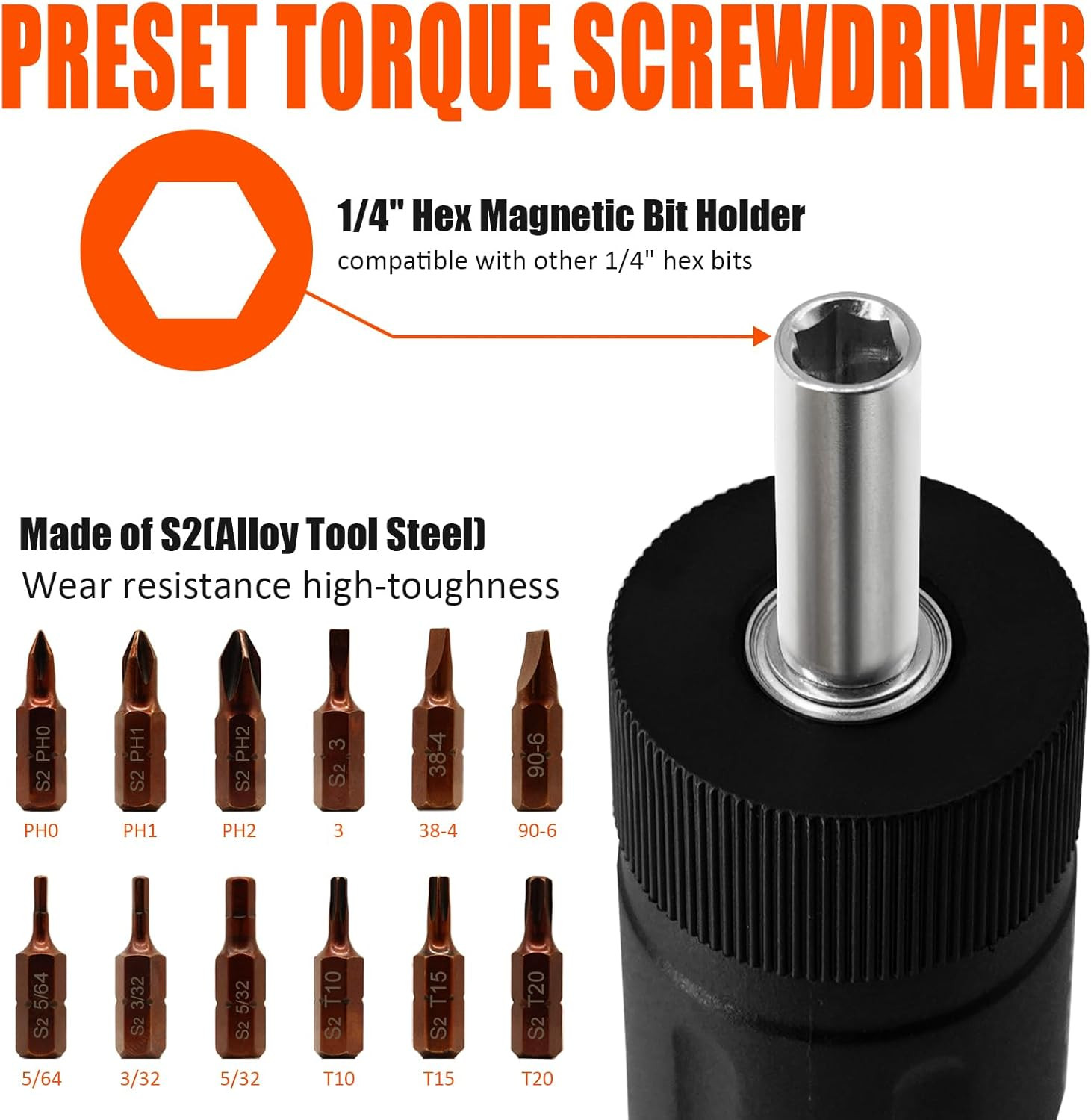 13Pcs Preset Torque Screwdriver with S2 Bits, 1/4” Drive Torque Wrench Screwd...