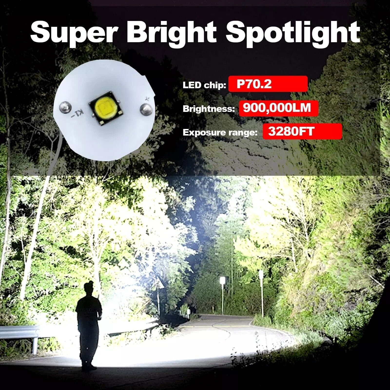 LED Flashlight 200000Lm Super Bright Searchlight Rechargeable Spotlight Handheld
